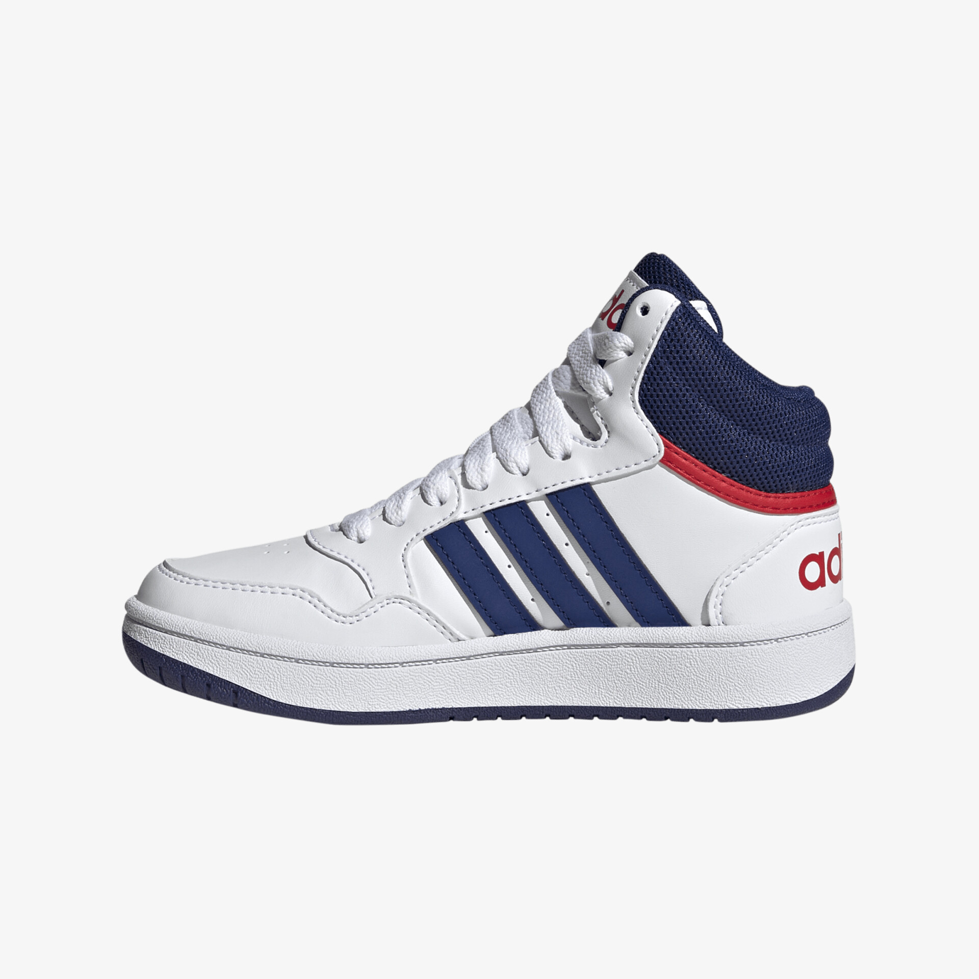 Moderner weiß-blauer Sneaker mit hohem Schaft und Logo-Design, optimal für Komfort und Stil.