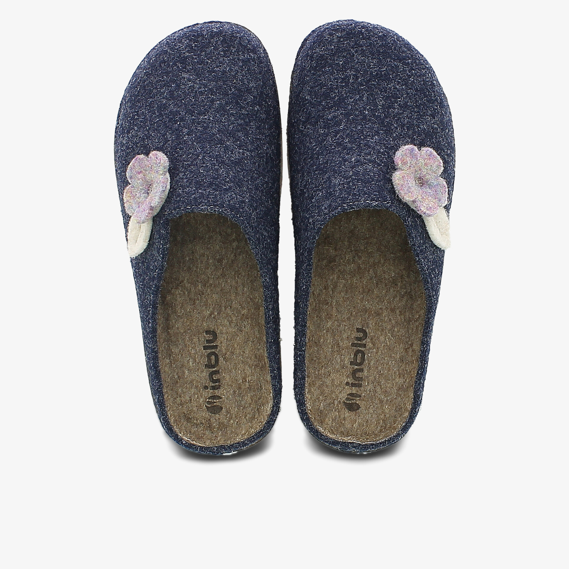 Bequeme dunkelblaue Filz-Hausschuhe mit weicher Innensohle und floralem Dekor für angenehmes Tragegefühl