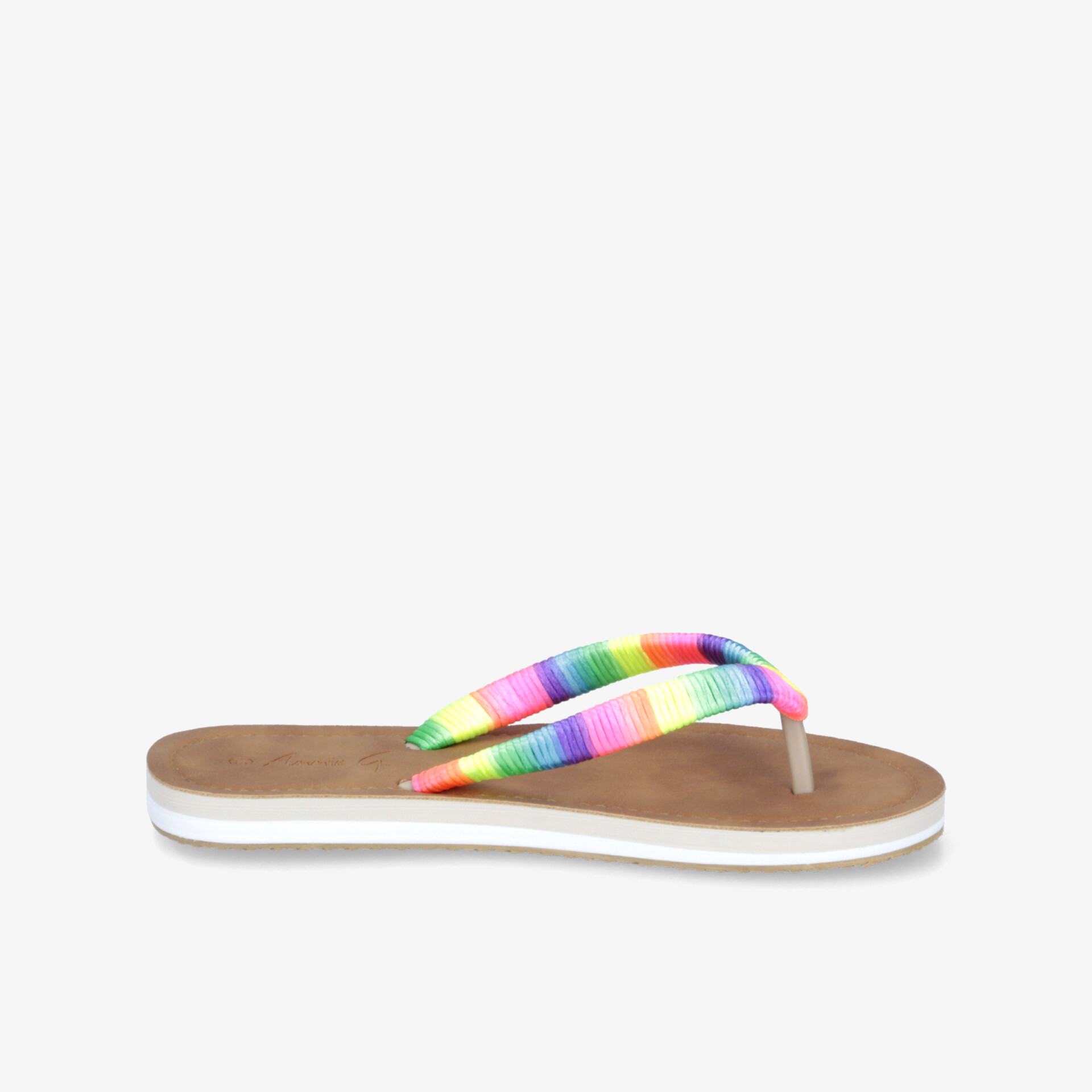 Seitenansicht einer bequemen Flipflop mit bunten Riemen und leichter, rutschfester Sohle für den Sommer