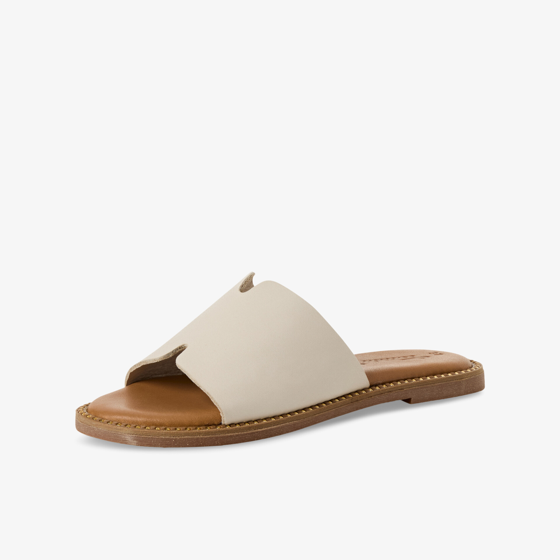 Beige Slide-Sandale mit offenem Zehenbereich und flacher, gepolsterter Komfortsohle für bequemen Alltag