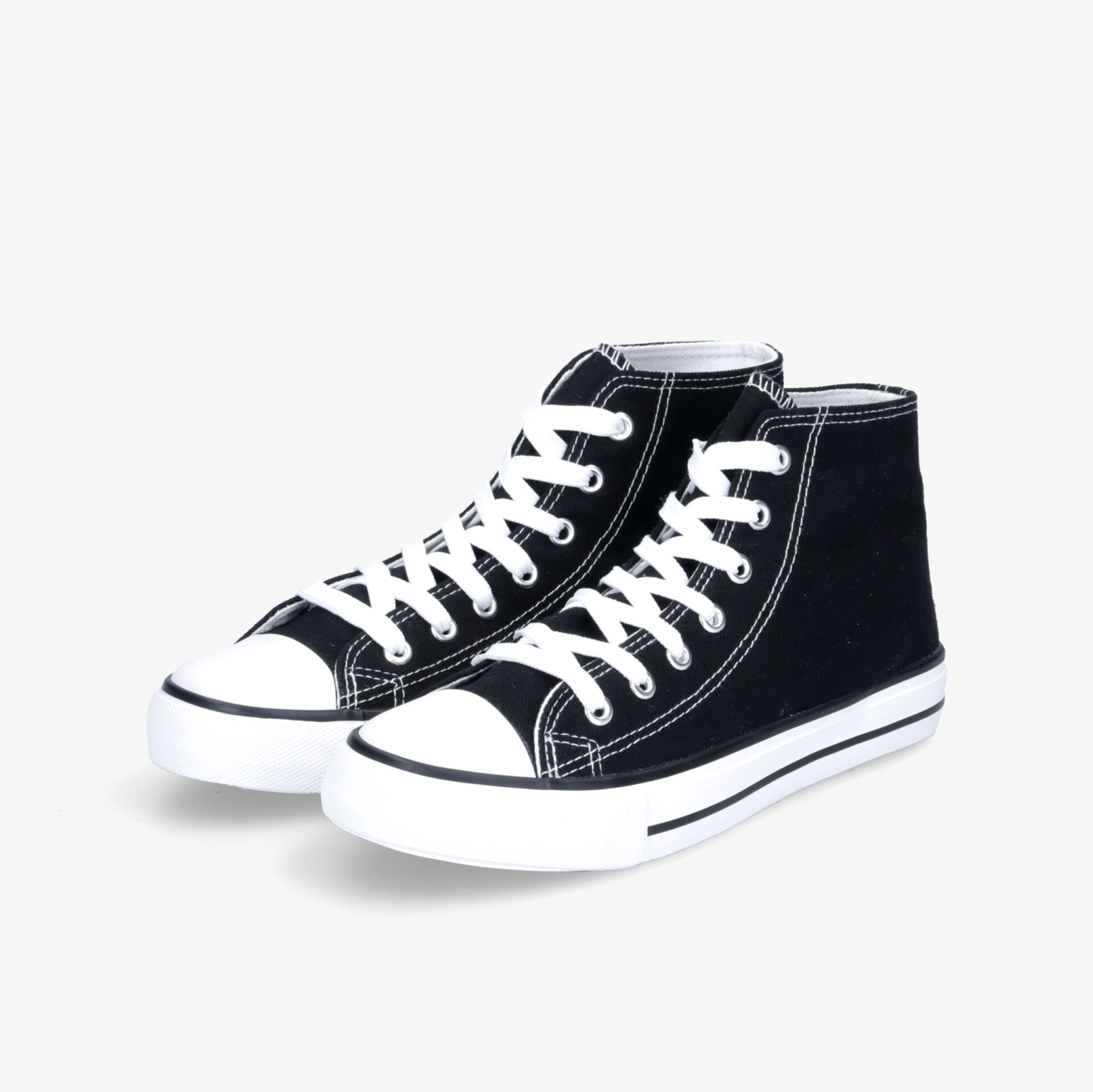 Schwarze High-Top-Sneaker mit weißen Schnürsenkeln und Sohlen, klassisches Design