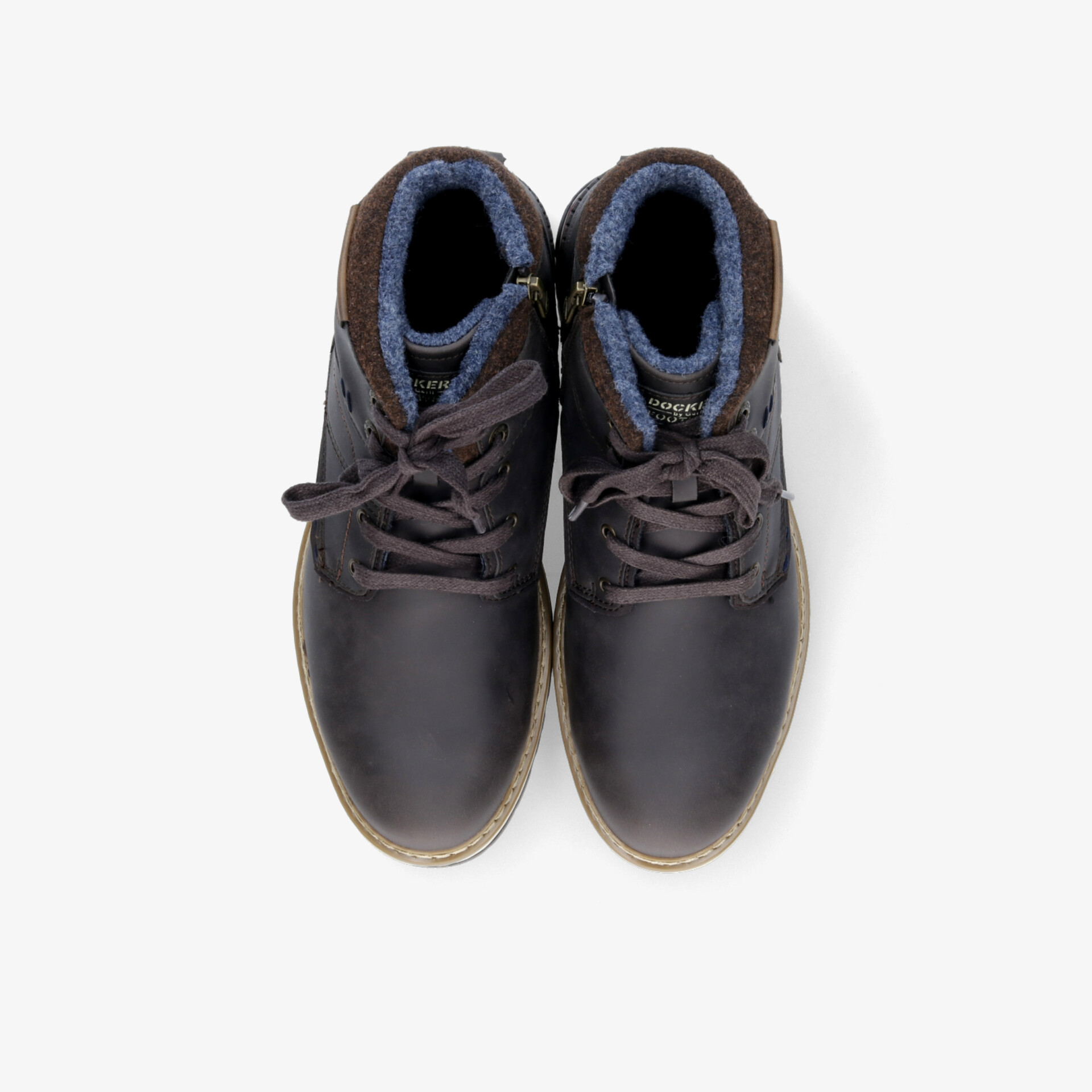 Robuste schwarze Stiefel mit warmer Fütterung und rutschfester Sohle, Draufsicht auf zwei Schuhe als Paar