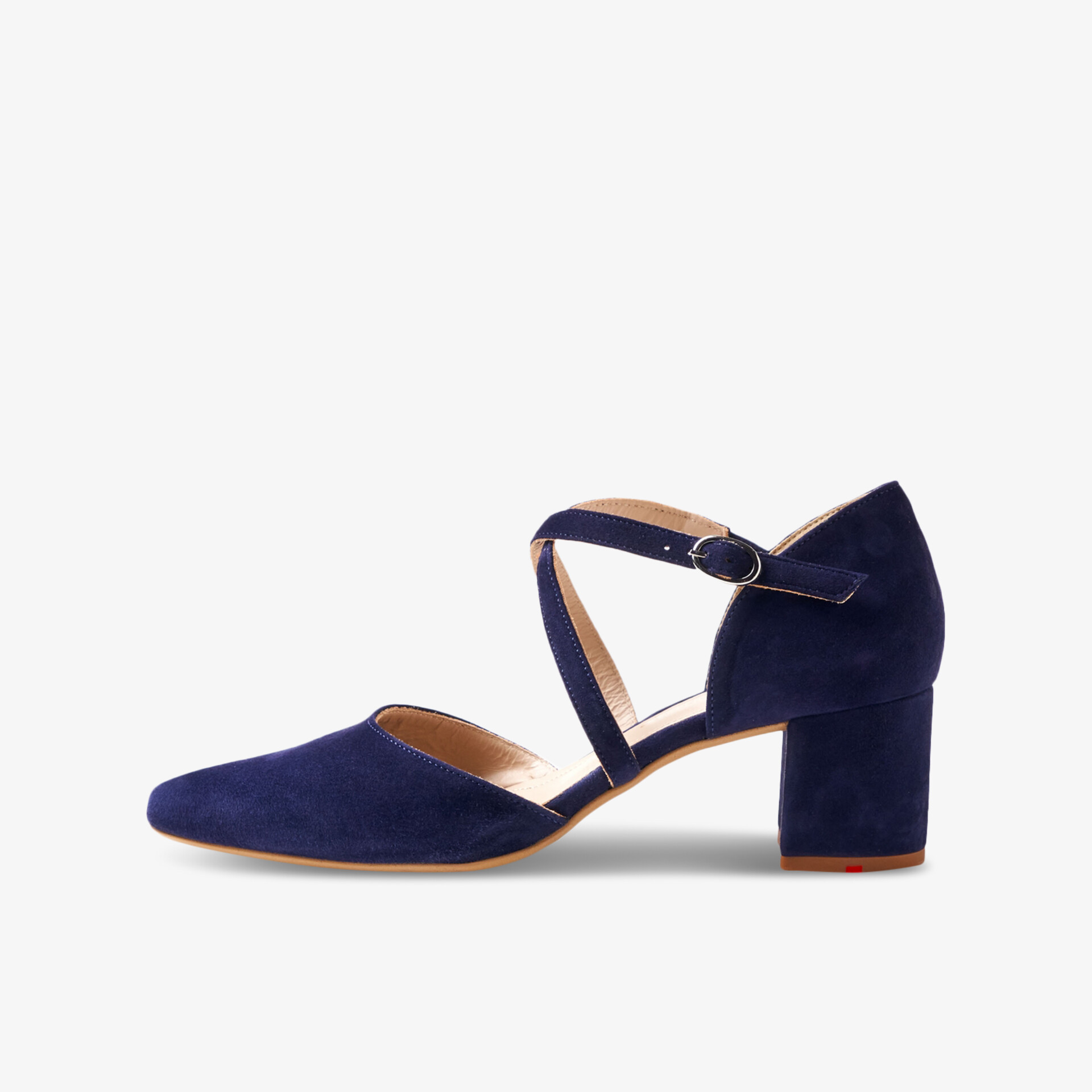 Eleganter blauer Samtschuh mit bequemen Blockabsatz und verstellbarem Riemen für stilvollen Komfort