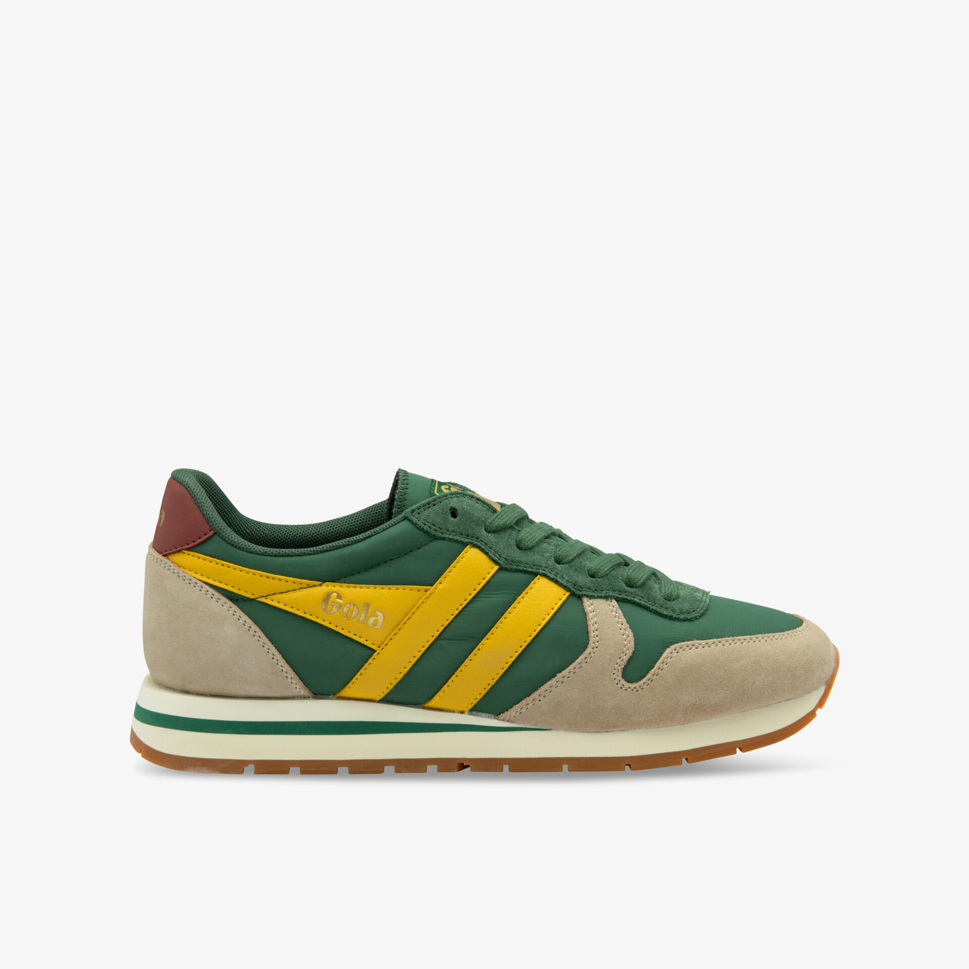 Moderner grüner und gelber Sneaker mit leichter Sohle und sportlichem, robustem Design in seitlicher Ansicht