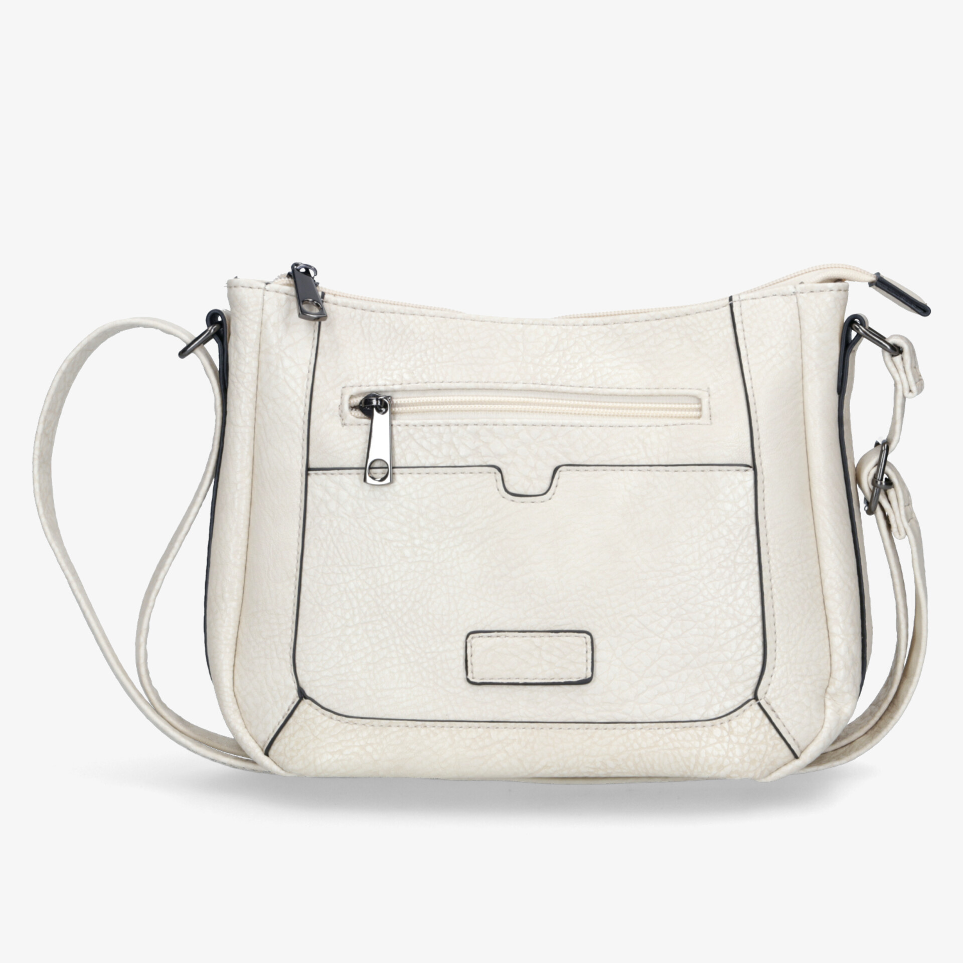 Weiße Schultertasche mit mehreren Reißverschlüssen und verstellbarem Riemen, elegant und praktisch