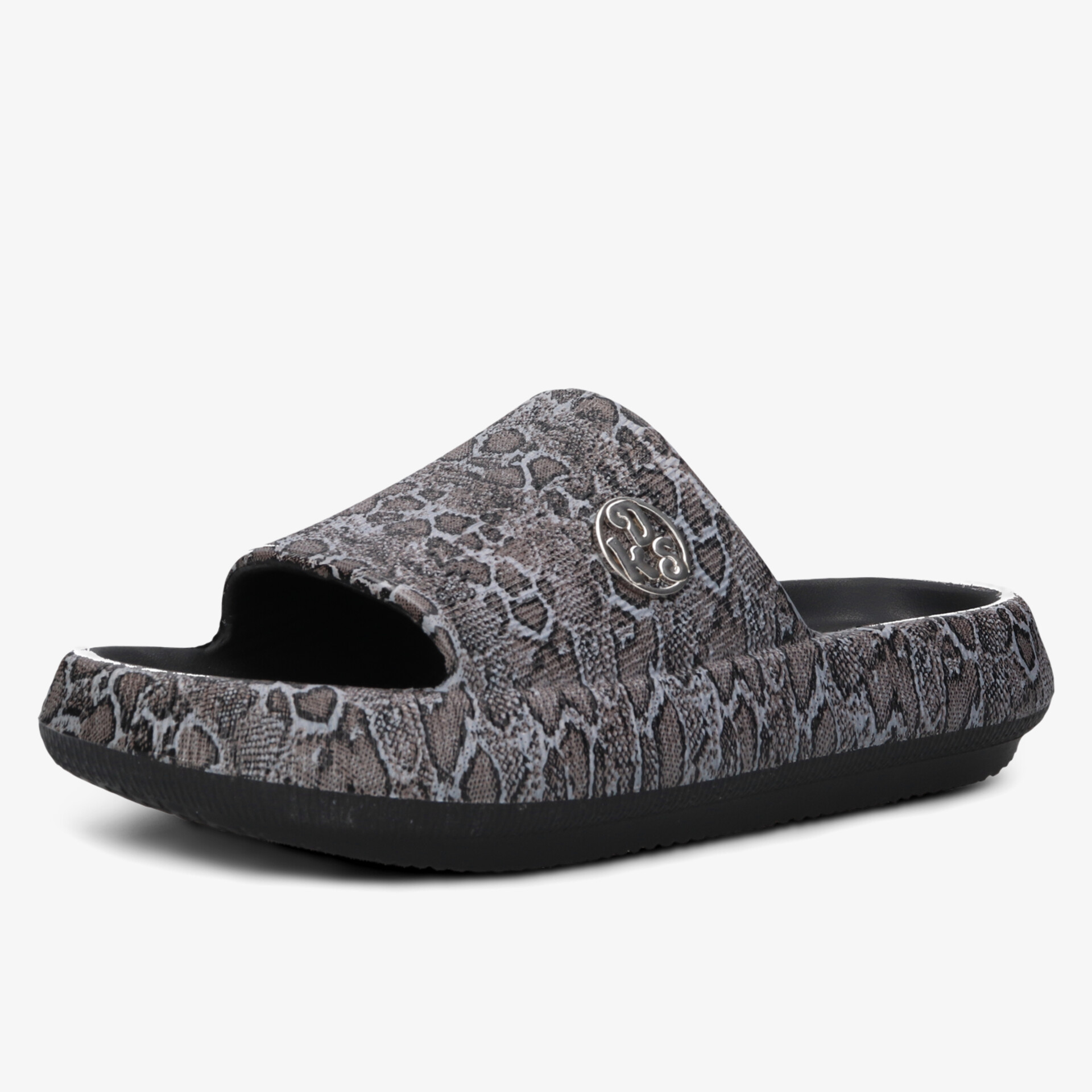 Bequemer und stylischer Hausschuh mit rutschfester Sohle und offenem Design in modischem Schlangenhautmuster