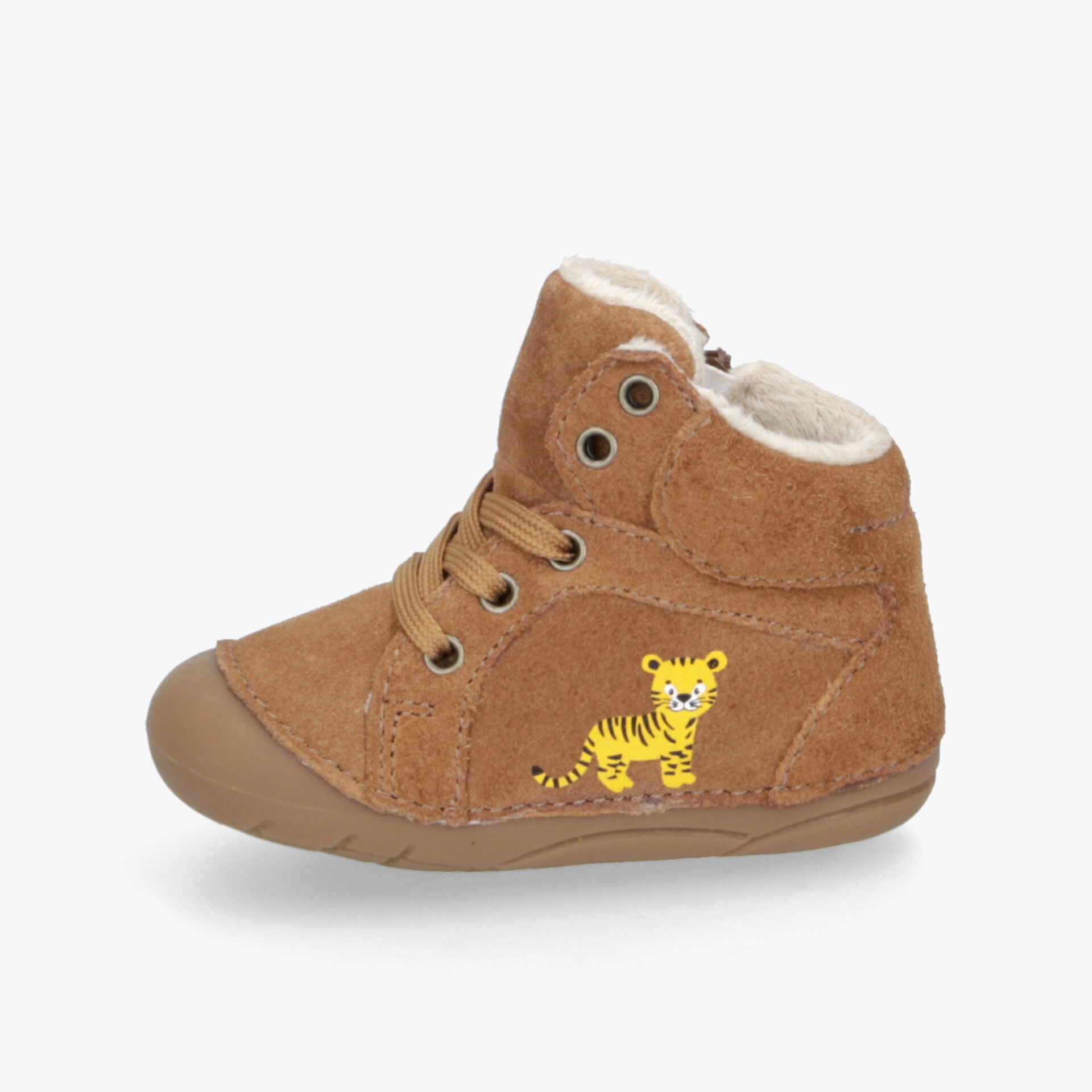 Weicher Kinderschuh mit warmem Innenfutter und rutschfester Sohle, ausgestattet mit kleinem Tiger-Motiv
