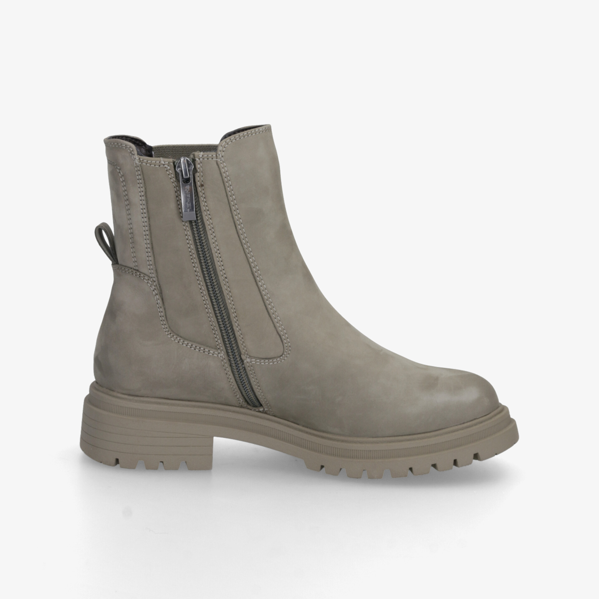 Grauer robuster Boot mit praktischem Reißverschluss und stabiler Profilsohle, komfortabel und modisch