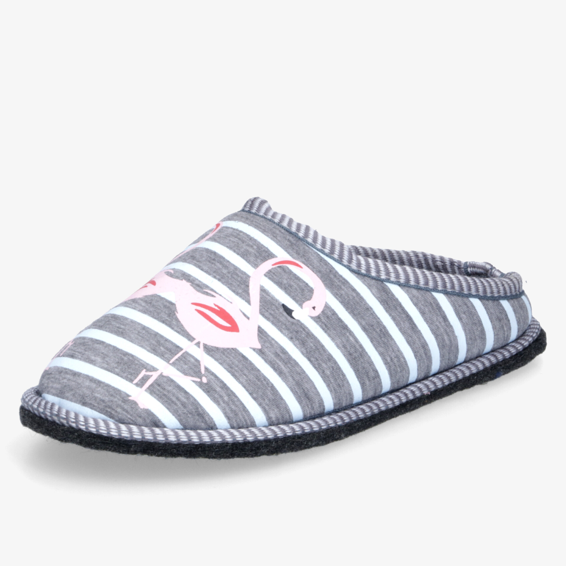 Bequemer, leichter Hausschuh mit grauen Streifen und pinkem Flamingo-Motiv, weich gepolstert und rutschfester Sohle
