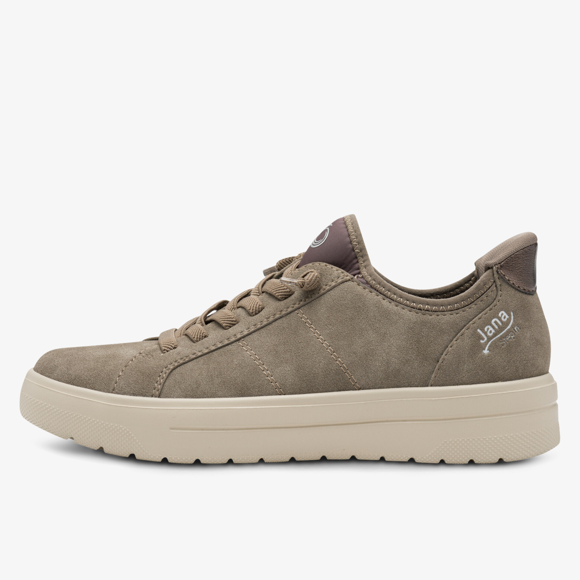 Seitliche Ansicht eines bequemen Sneakers mit weichem Obermaterial und robuster Gummisohle in neutraler Farbe
