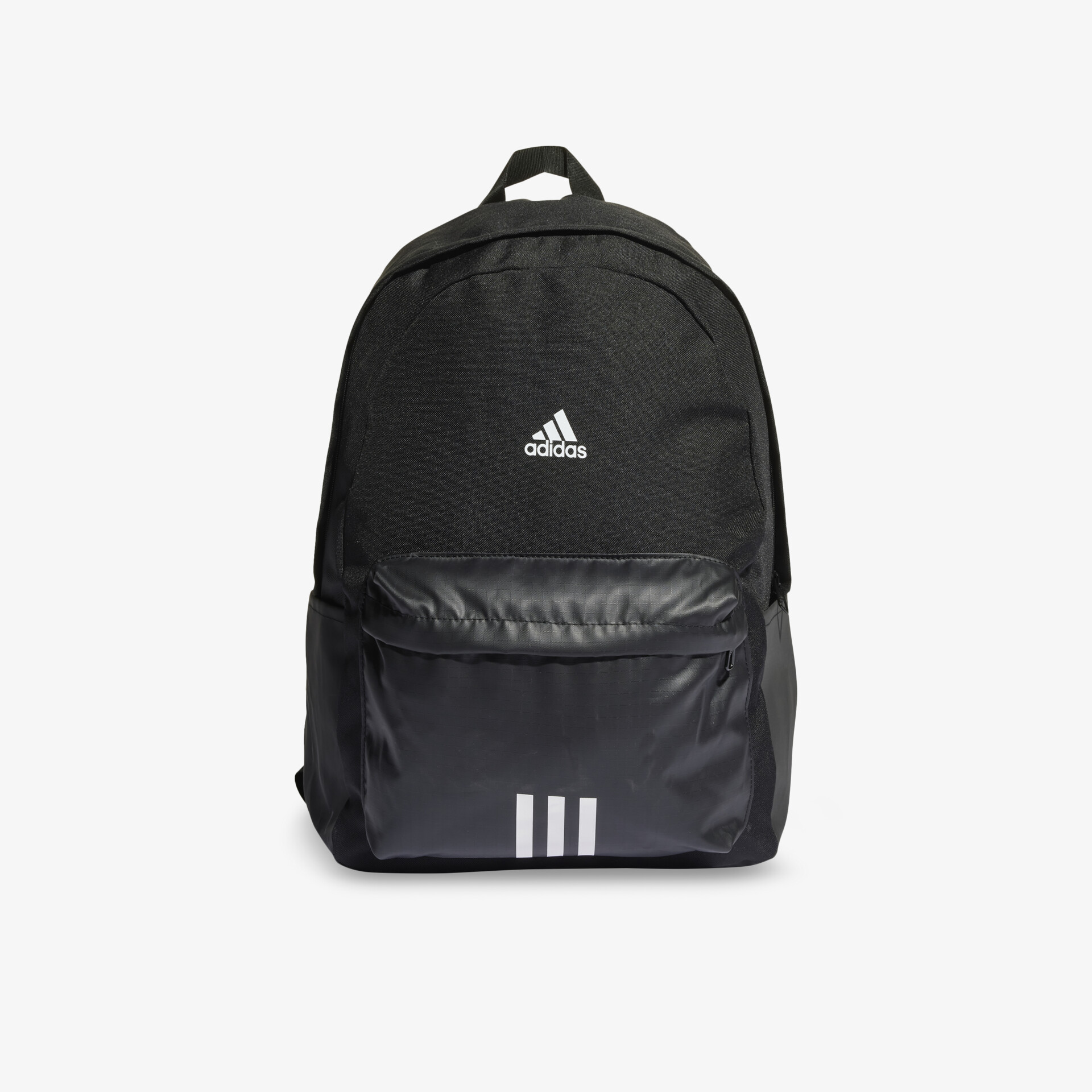 Schwarzer Adidas Rucksack mit großem Hauptfach und frontale Reißverschlusstasche, verstellbare Träger, sportliches Design