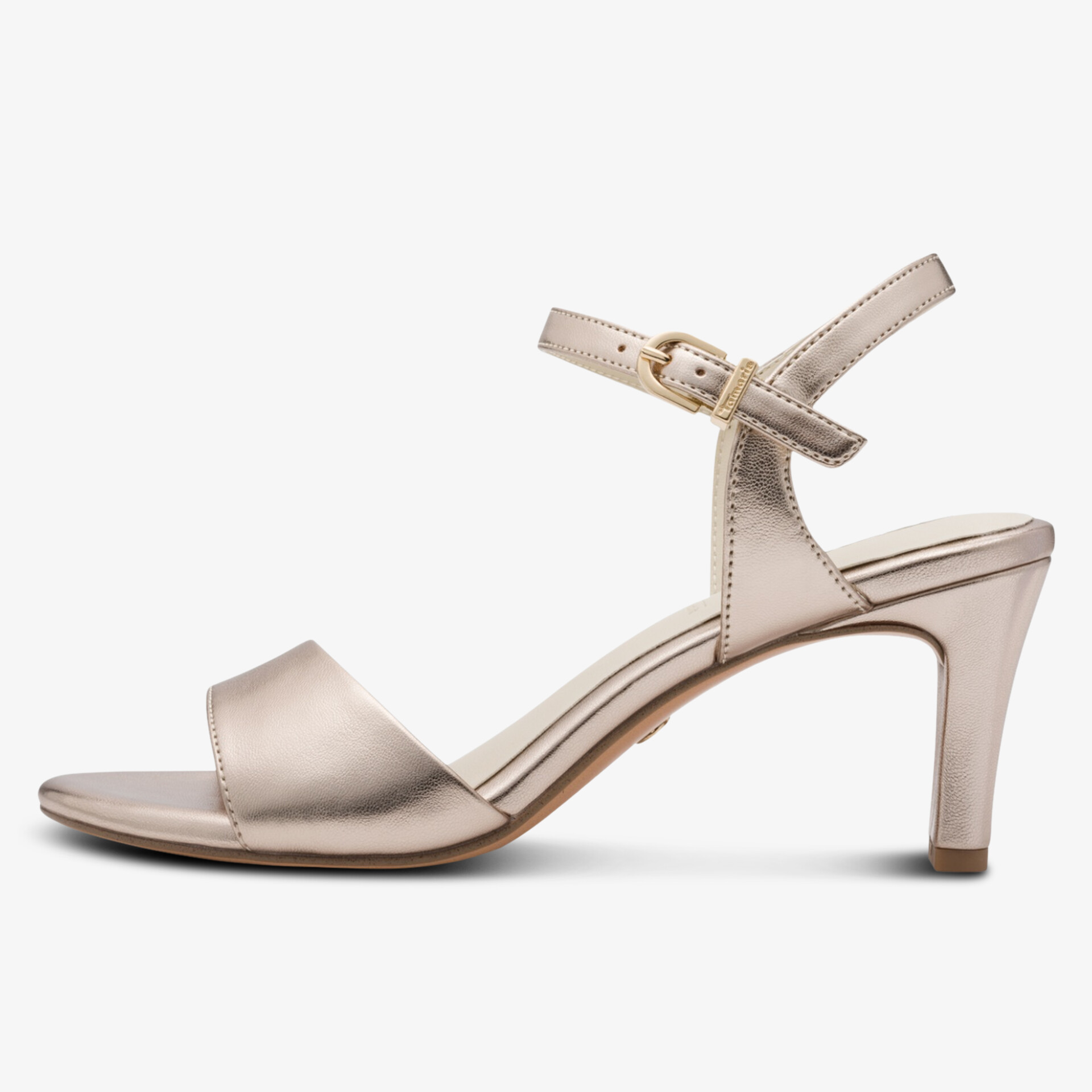 Eleganter Sandalette mit hohem Absatz und verstellbarem Knöchelriemen in glänzendem Beige