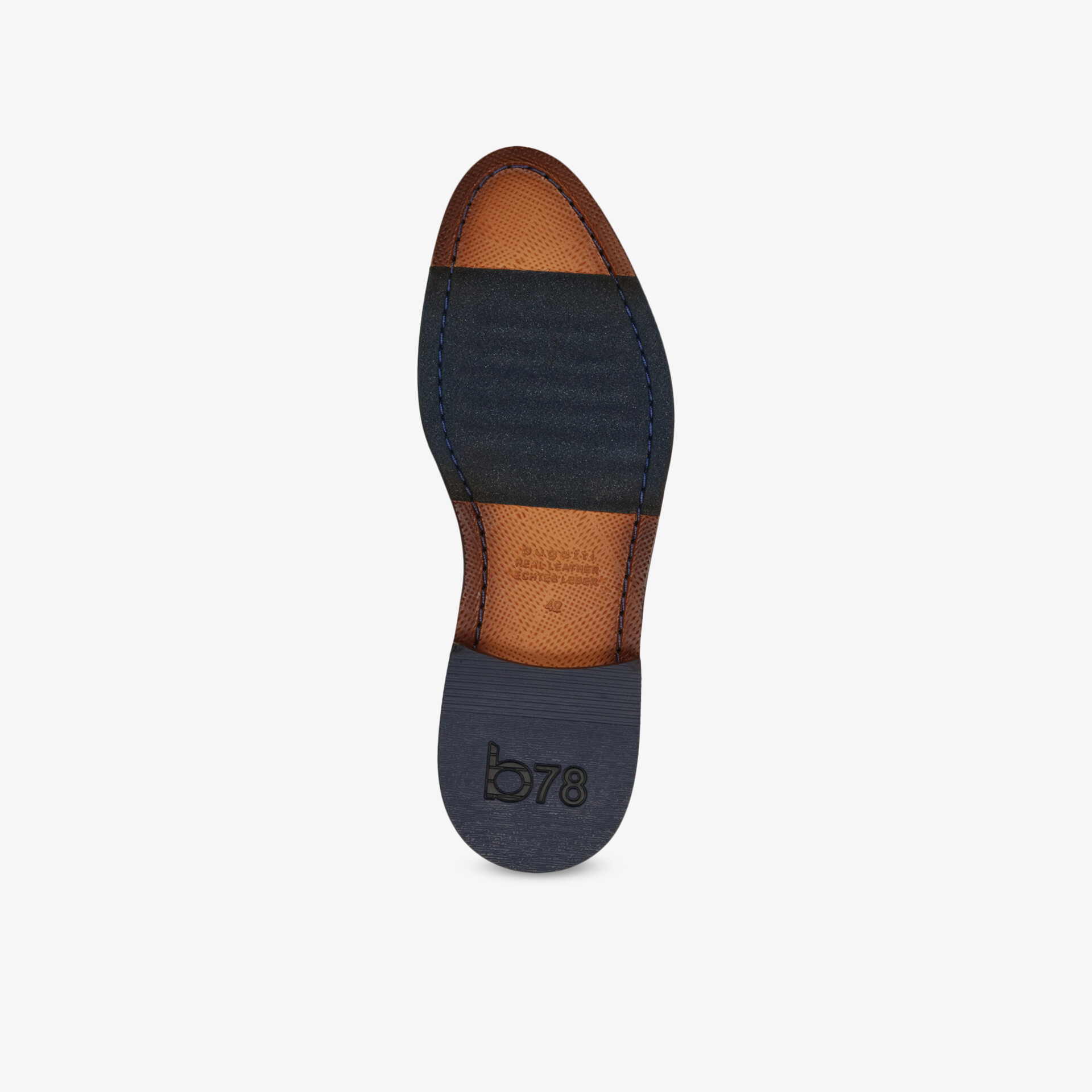 Hochwertige Ledersohle in Braun und Navy für optimalen Halt und Stil.