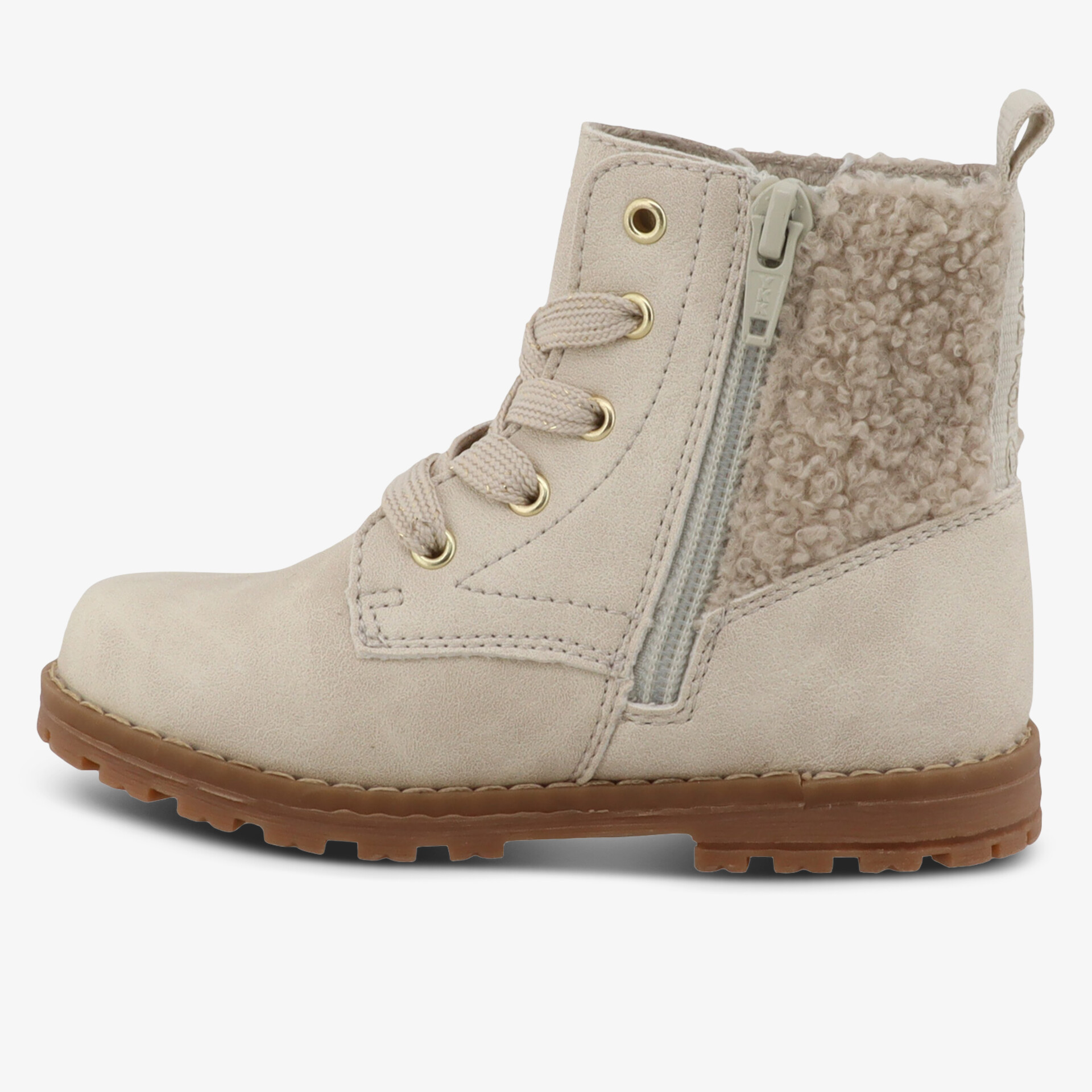 Seitlicher Blick auf warm gefütterten Stiefel mit Reißverschluss und robustem Profil