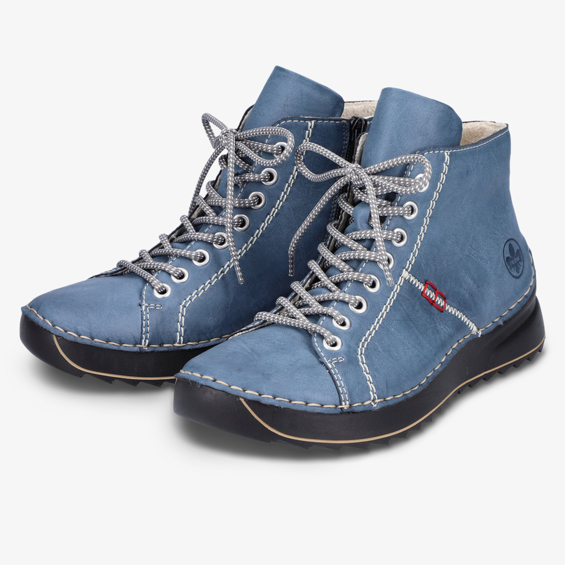 Leichte blaue Schnürstiefel mit weißer Kontrastnaht und robuster, flexibler Sohle
