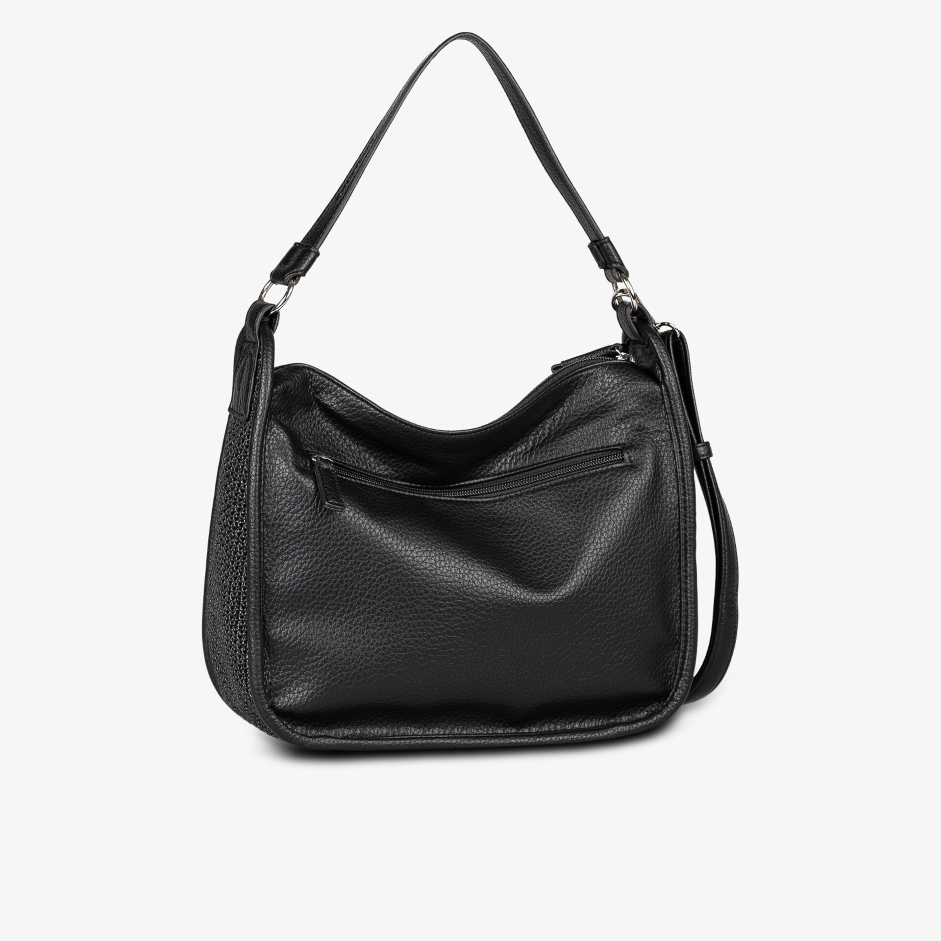 Schwarze Tasche aus weichem Material mit praktischer Außentasche und verstellbarem Schulterriemen