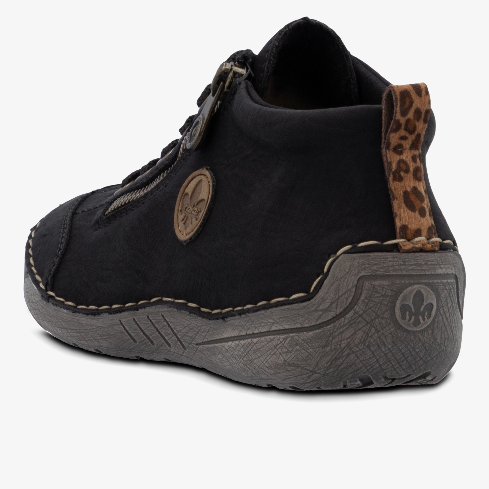 Bequemer schwarzer Schuh mit Reißverschluss und robustem Sohlenprofil, animal Print Detail an der Ferse