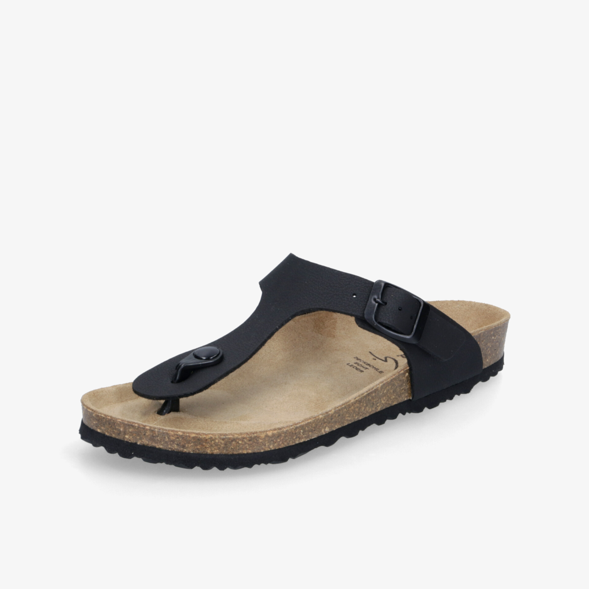 Schwarze Sandale mit verstellbarem Riemen und komfortabler Korksohle für bequemen und sicheren Halt