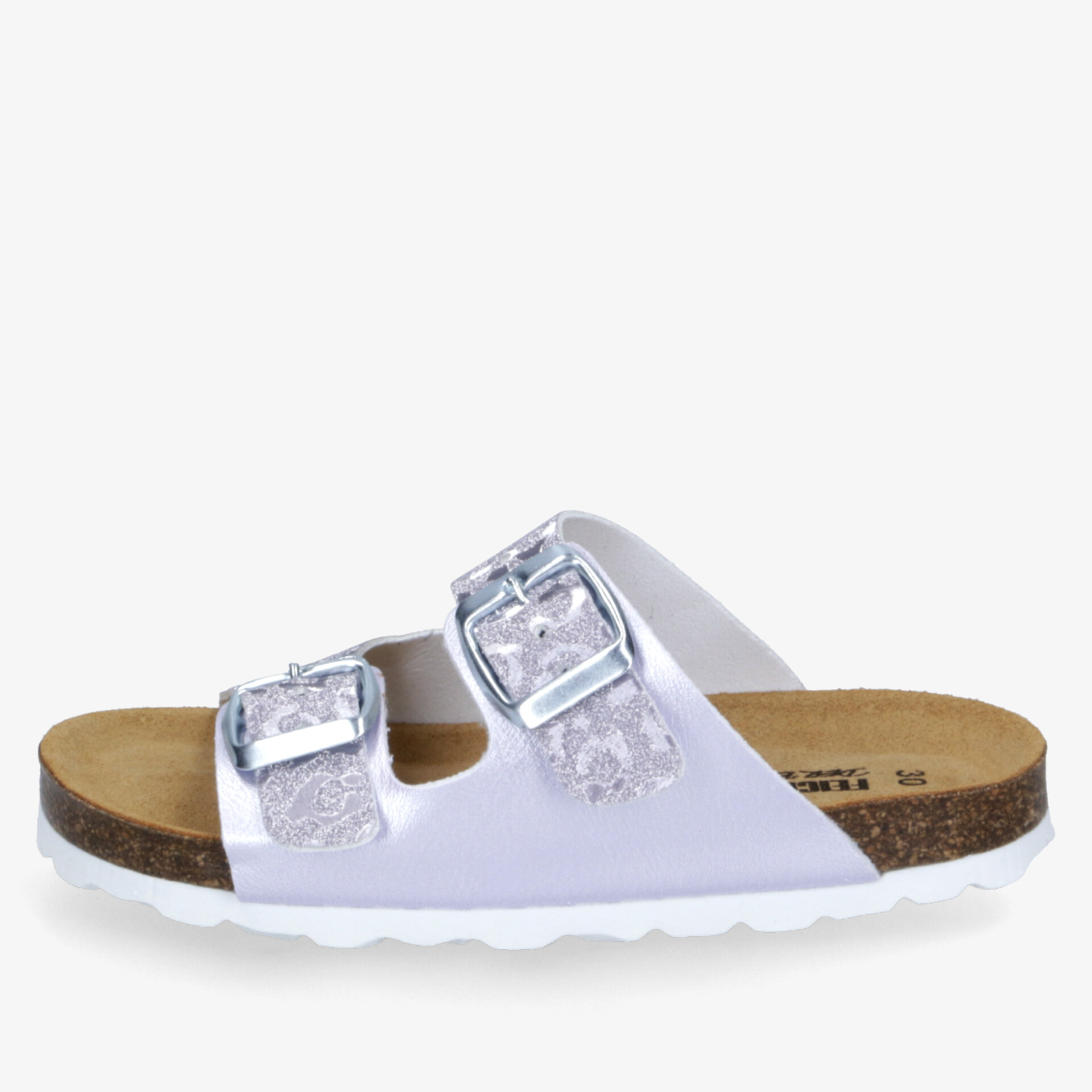 Bequemer weißer Sandalenschuh mit zwei verstellbaren Schnallen und weicher ergonomischer Sohle