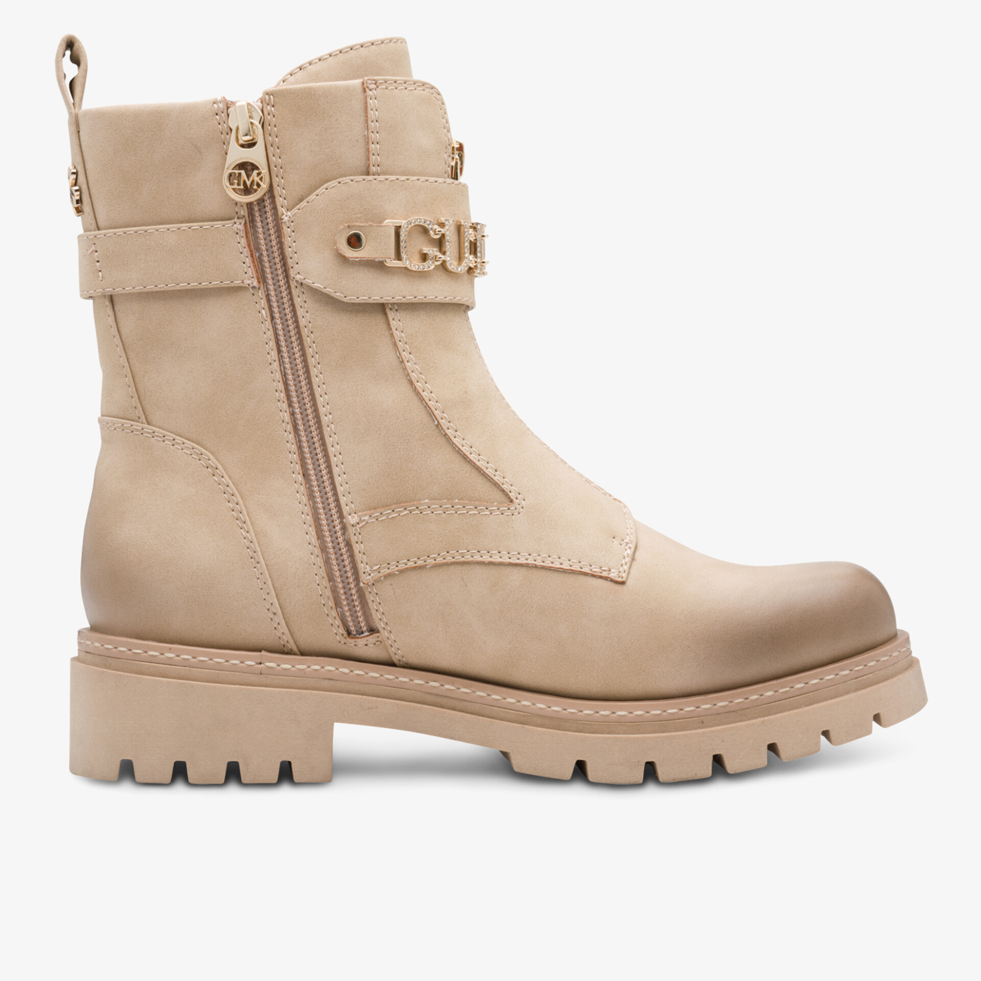 Beiger Stiefel mit Reißverschluss und Schnallenverschluss, profilierte Sohle für sicheren Halt