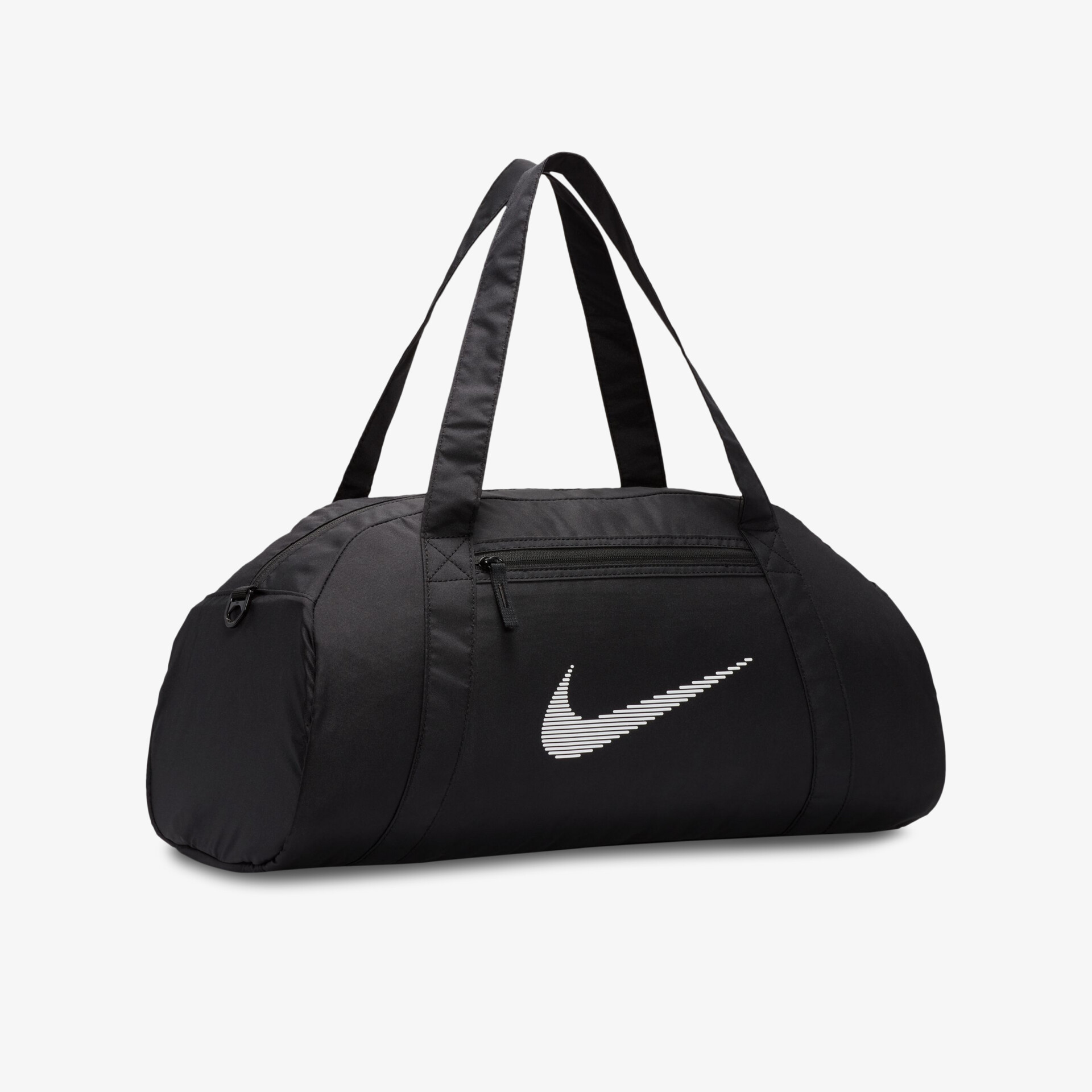 Schwarze Nike Sporttasche mit ikonischem Design und geräumigen Innenfächern, perfekt für den aktiven Lebensstil.