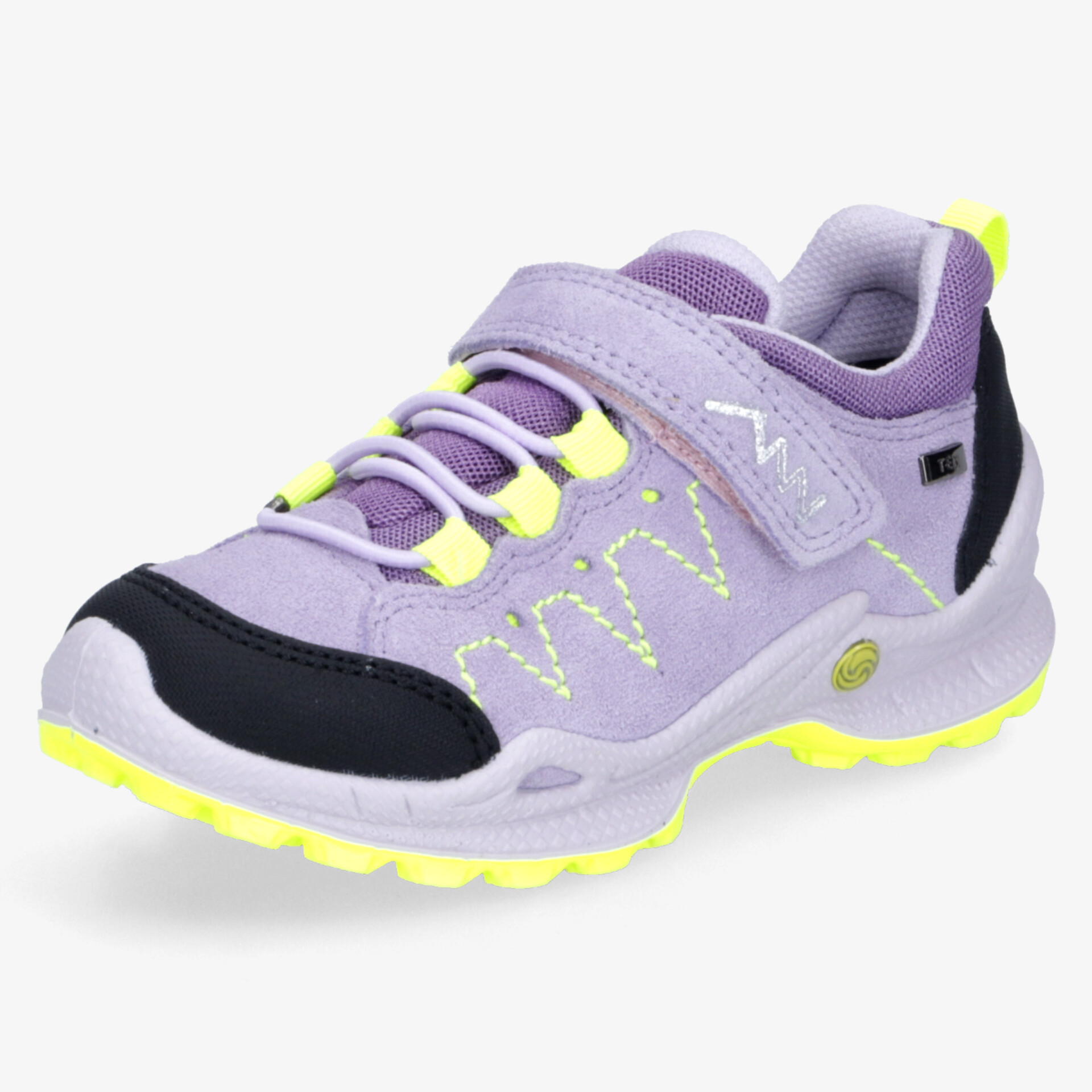 Leichter Sportschuh in Lila mit neonfarbenen Details, flexible und gepolsterte Sohle für hohen Tragekomfort