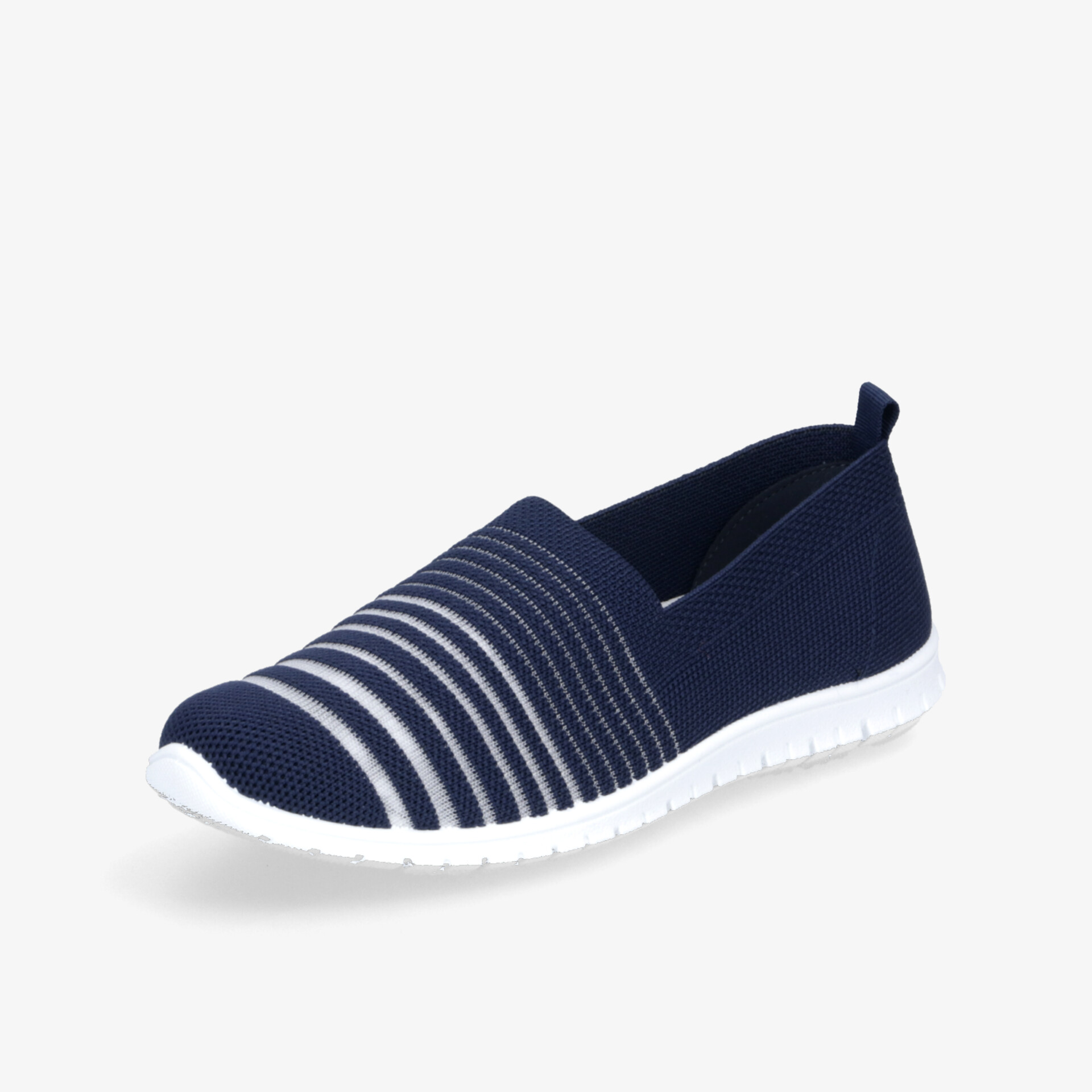 Leichter blauer Sneaker mit weißen Streifen, flexible rutschfeste Sohle, atmungsaktives Material und komfortable Passform