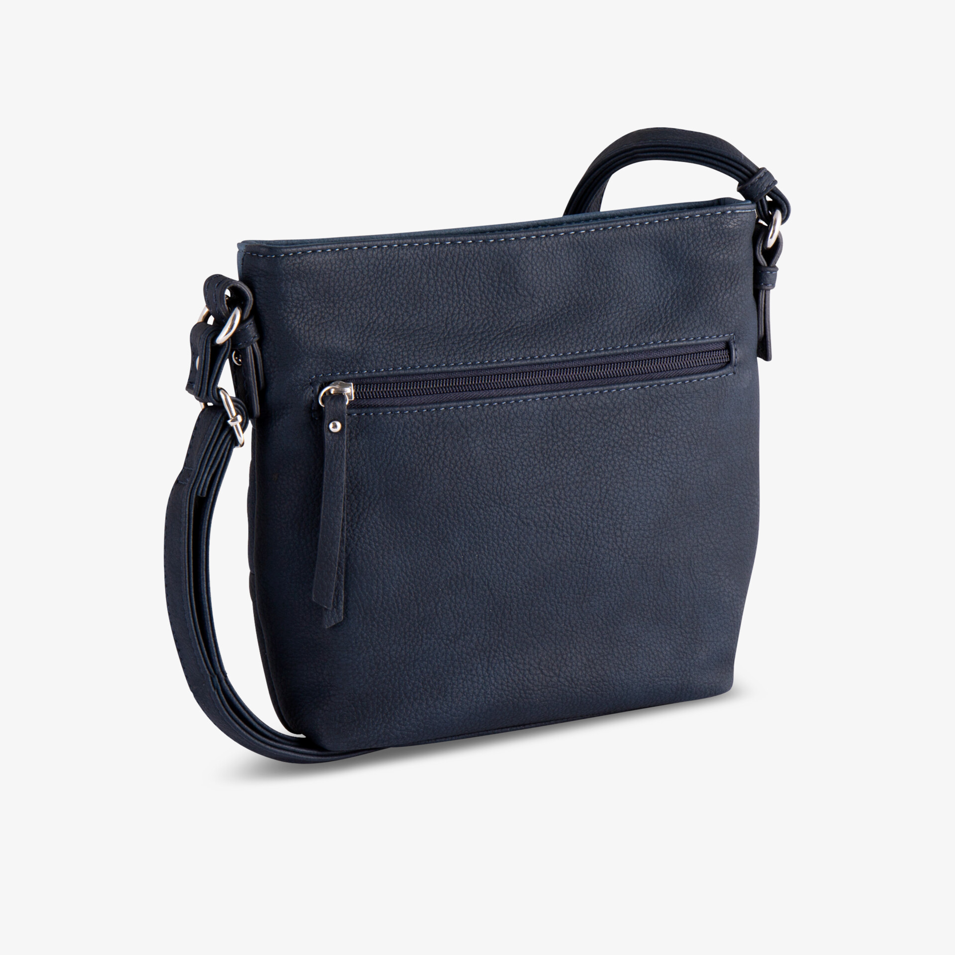 Schwarze Umhängetasche seitlich mit verstellbarem Riemen und sicherem Reißverschlussfach, leicht und praktisch