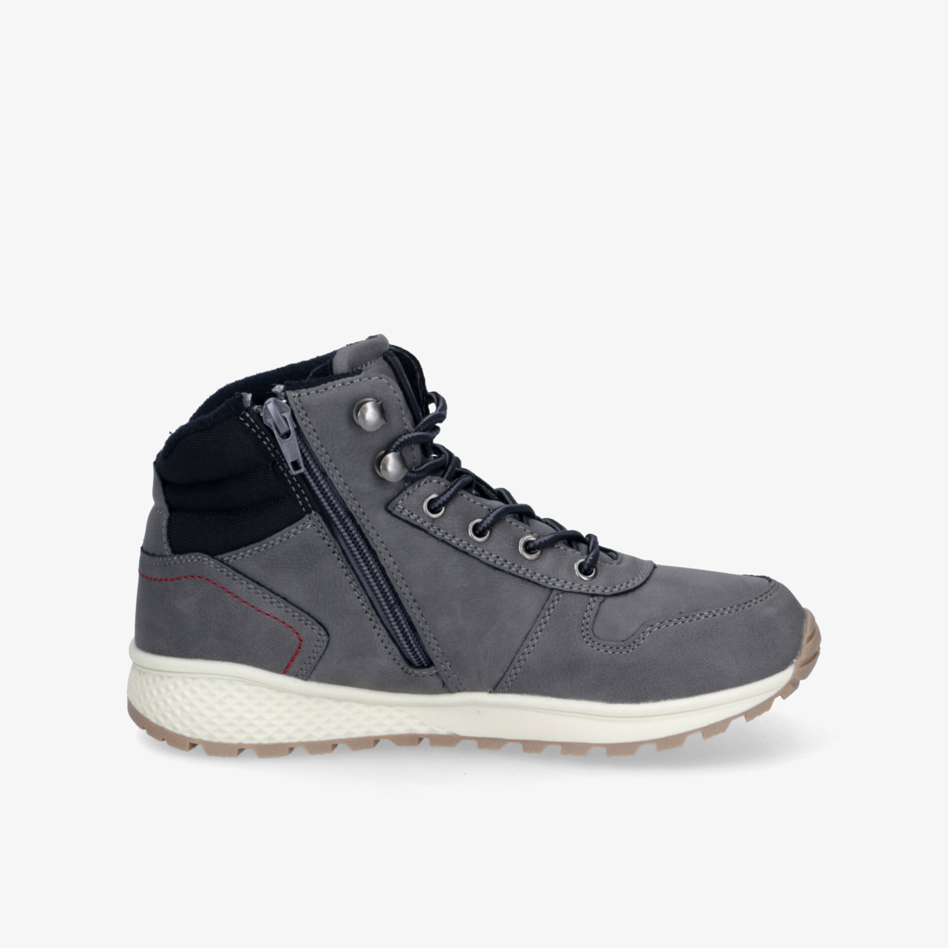 Moderner grauer Sneaker mit Reißverschluss, profilierter Sohle und flexibler Schnürung für hohen Tragekomfort