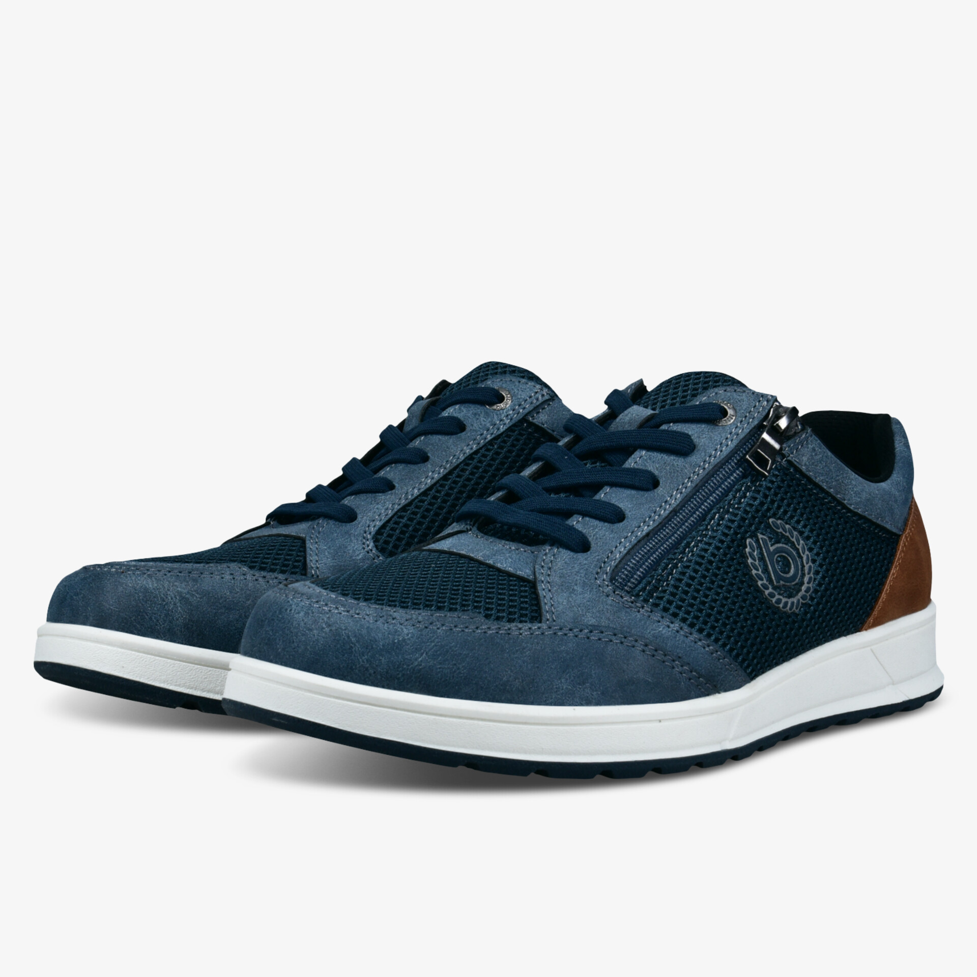 Blaue Sneaker mit braunen Details und Reißverschluss an der Seite. Perfekt für Freizeit und Alltag.