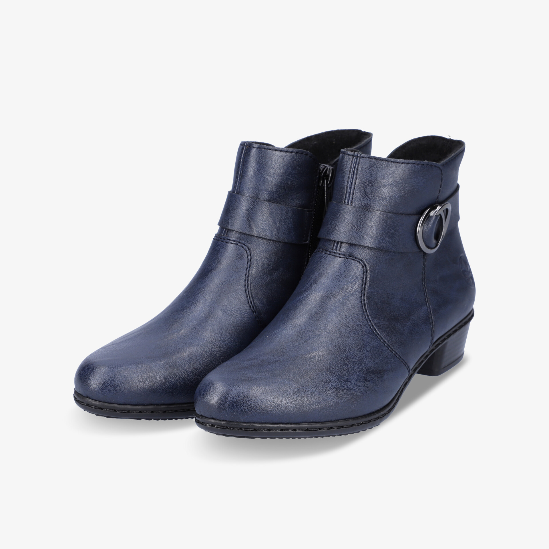 Moderne blaue Stiefeletten mit dekorativer Schnalle, glattem Material und bequemen niedrigem Absatz
