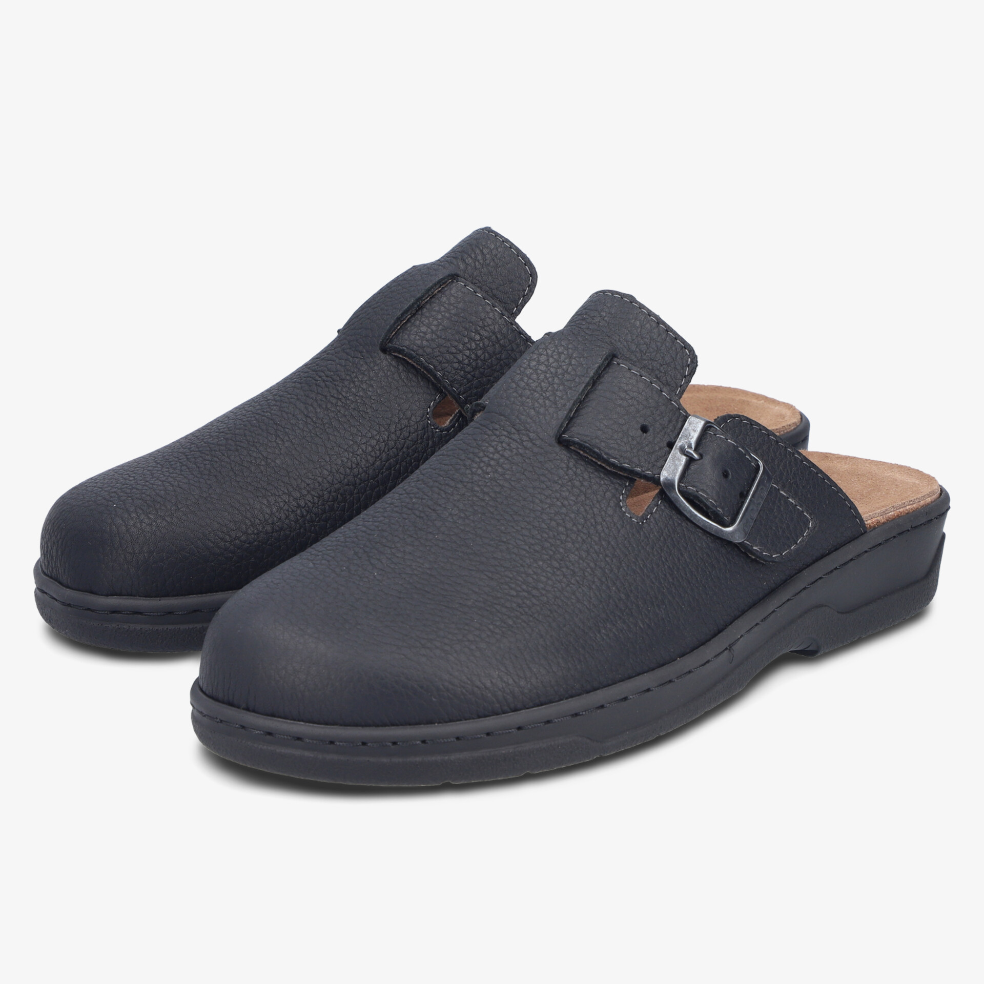 Bequeme schwarze Clogs mit verstellbarem Riemen und robuster Sohle, ideal für Freizeit und Alltag