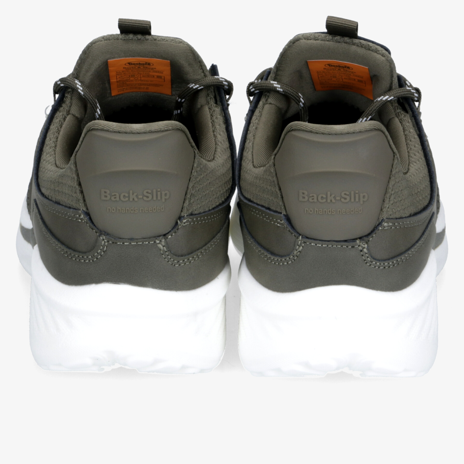 Rückansicht von robusten grauen Schuhen mit weißer rutschfester Sohle und gepolstertem Schaft für hohen Komfort