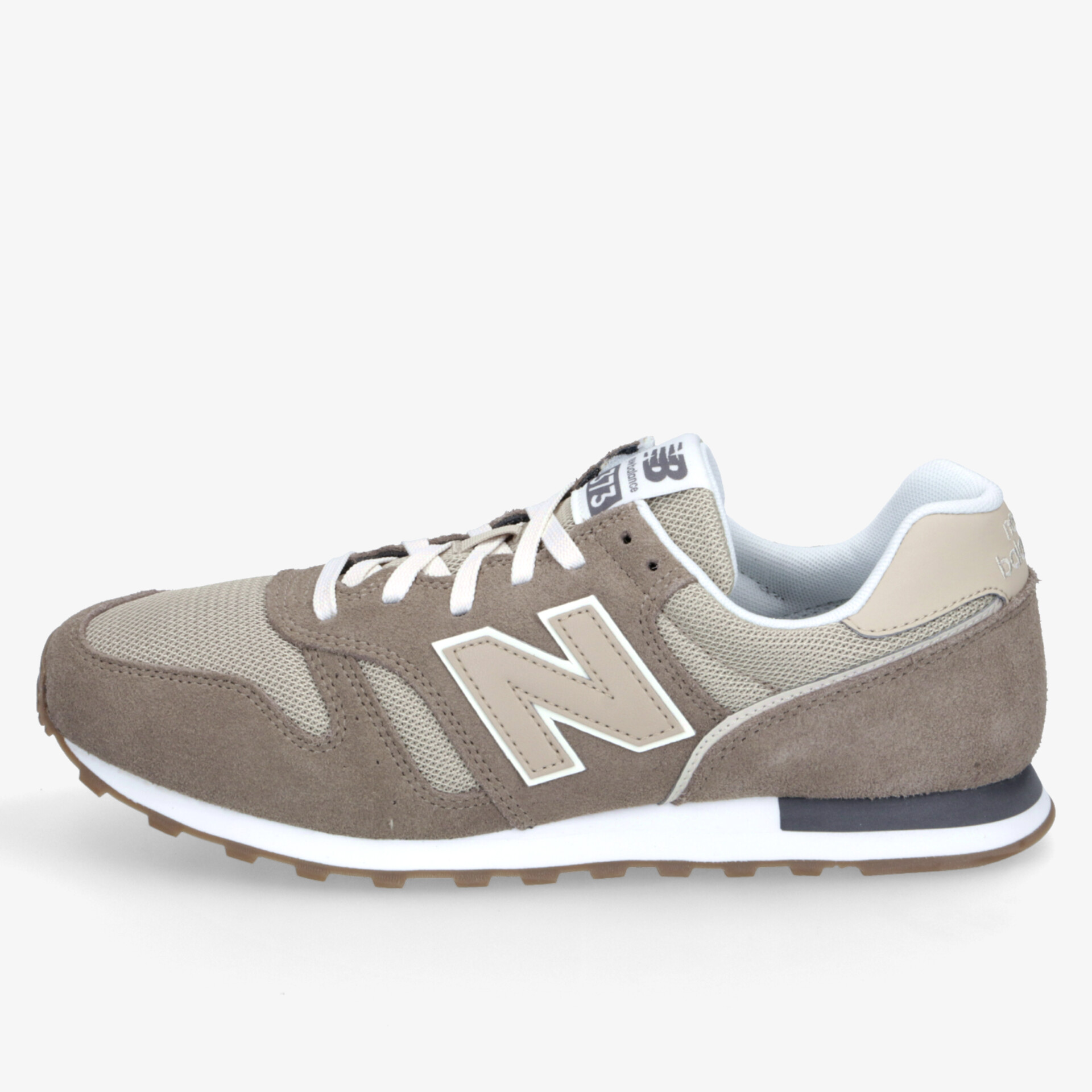 Beiger sportlicher Laufschuh mit leichter Dämpfung und atmungsaktivem Material, seitliche Ansicht