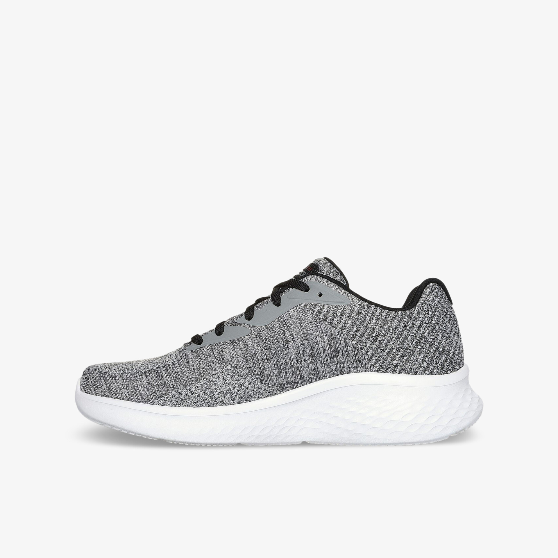Moderner grauer Laufschuh mit atmungsaktivem Material und flexibler weißer Sohle in klarer Seitenansicht