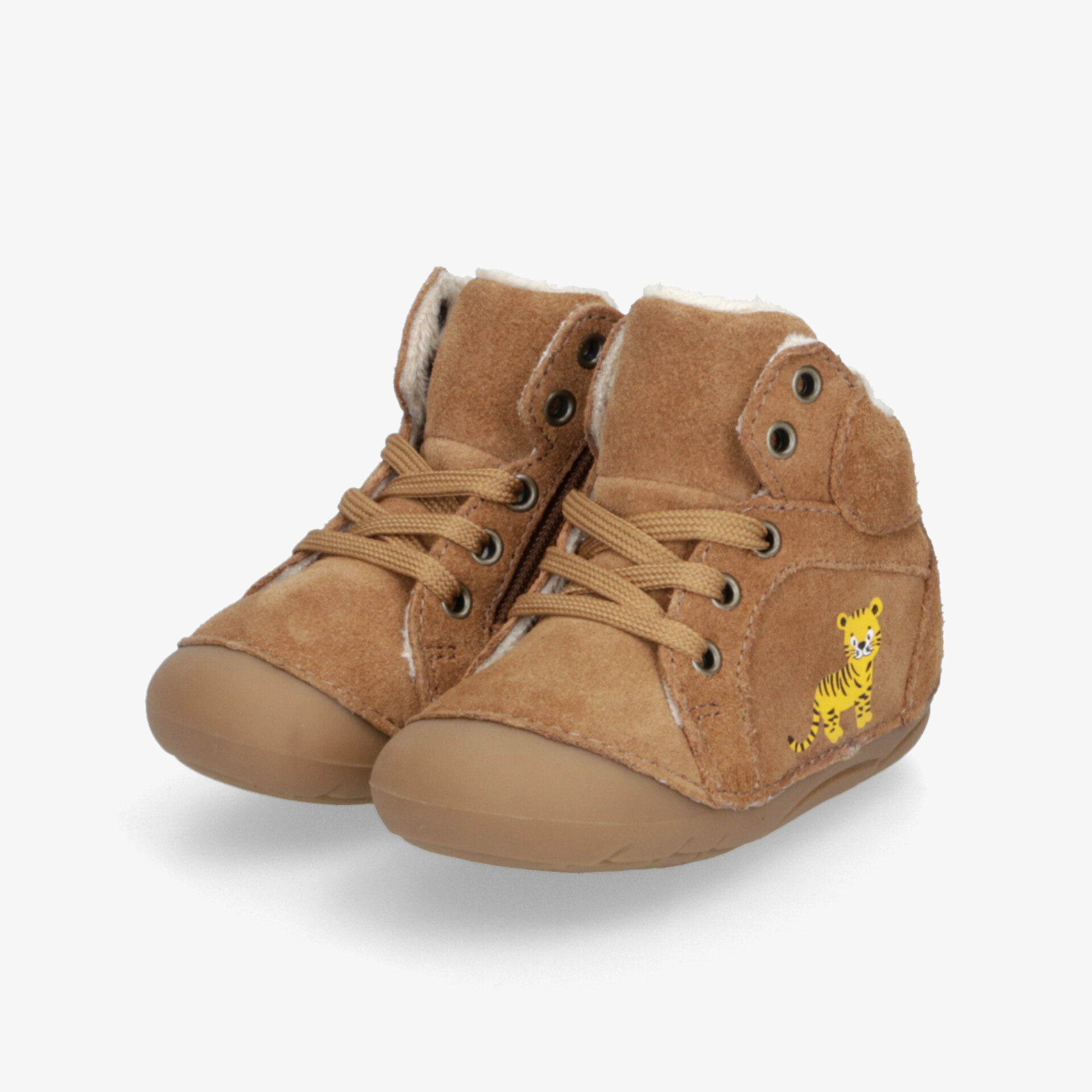 Weiche braune Baby-Schuhe aus Wildleder mit gepolstertem Knöchel und robusten Schnürsenkeln, ideal für kleine Füße