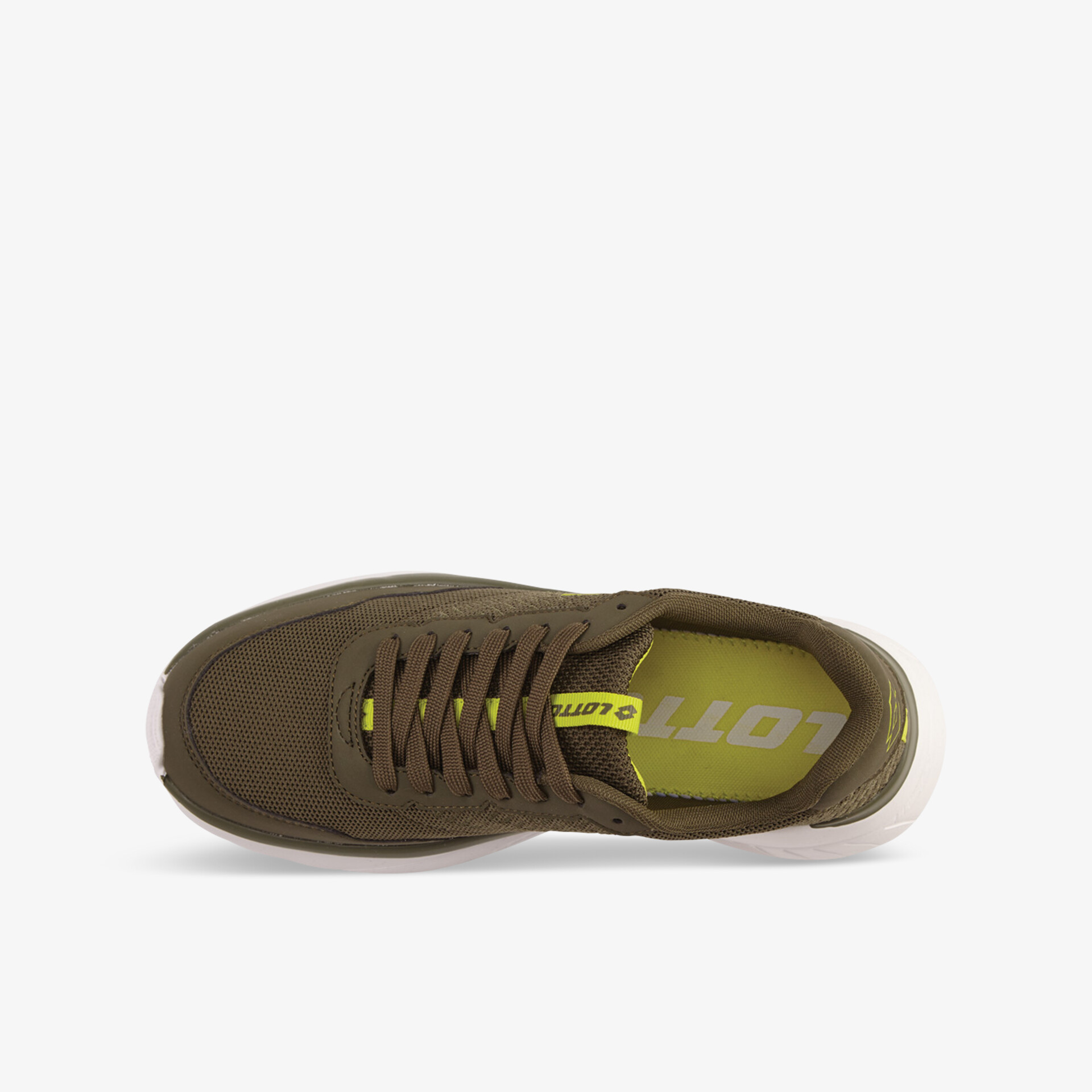 Olivgrüner Sneaker in Draufsicht mit Schnürsenkeln und gepolsterter Innensohle, ideal für komfortables Tragen.