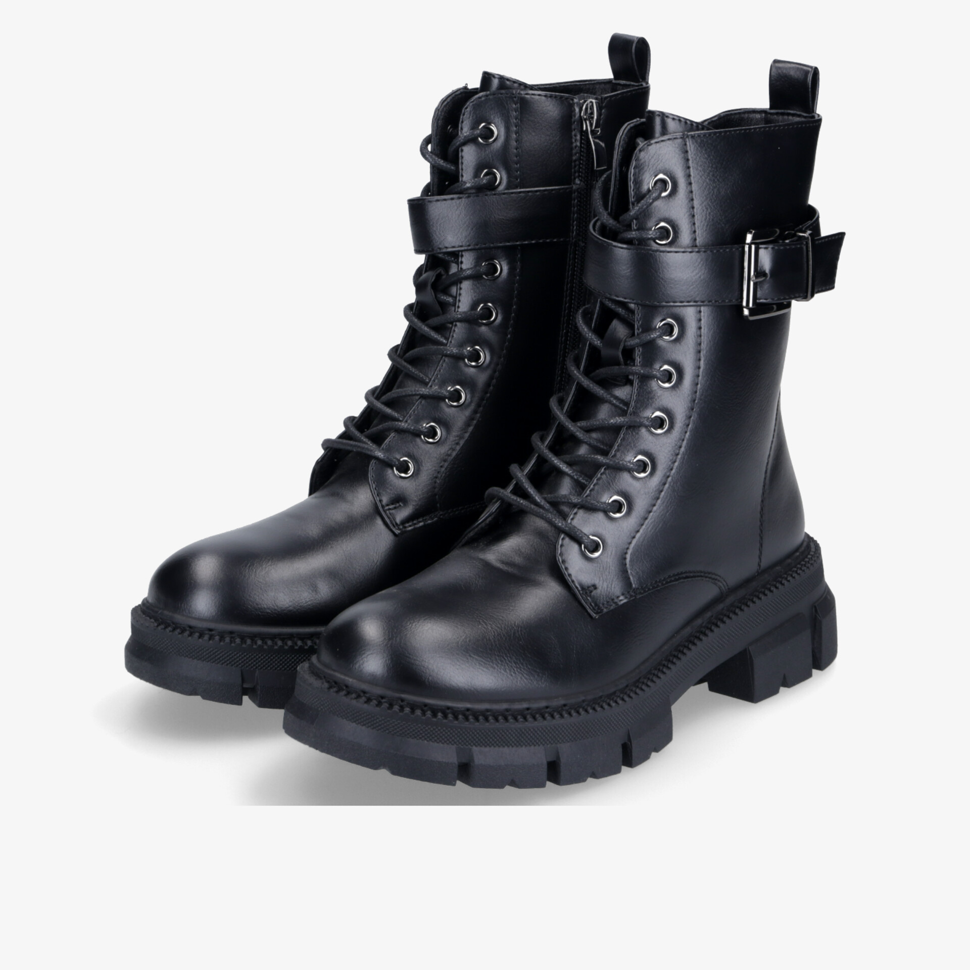 Schwarze Stiefel mit Schnürung und Schnallen, robustes Design und Profilsohle für optimalen Halt.
