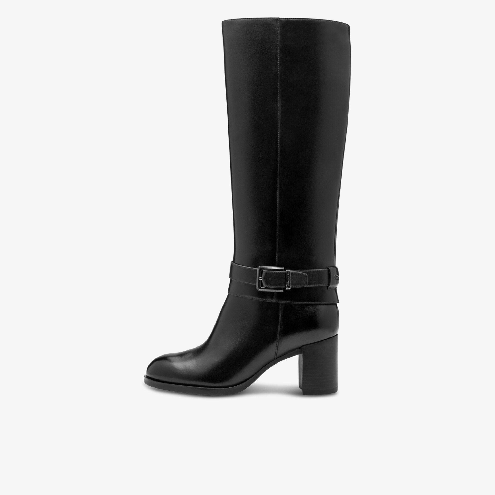 Eleganter kniehoher schwarzer Stiefel aus hochwertigem Leder mit stabilem Blockabsatz, seitliche Ansicht