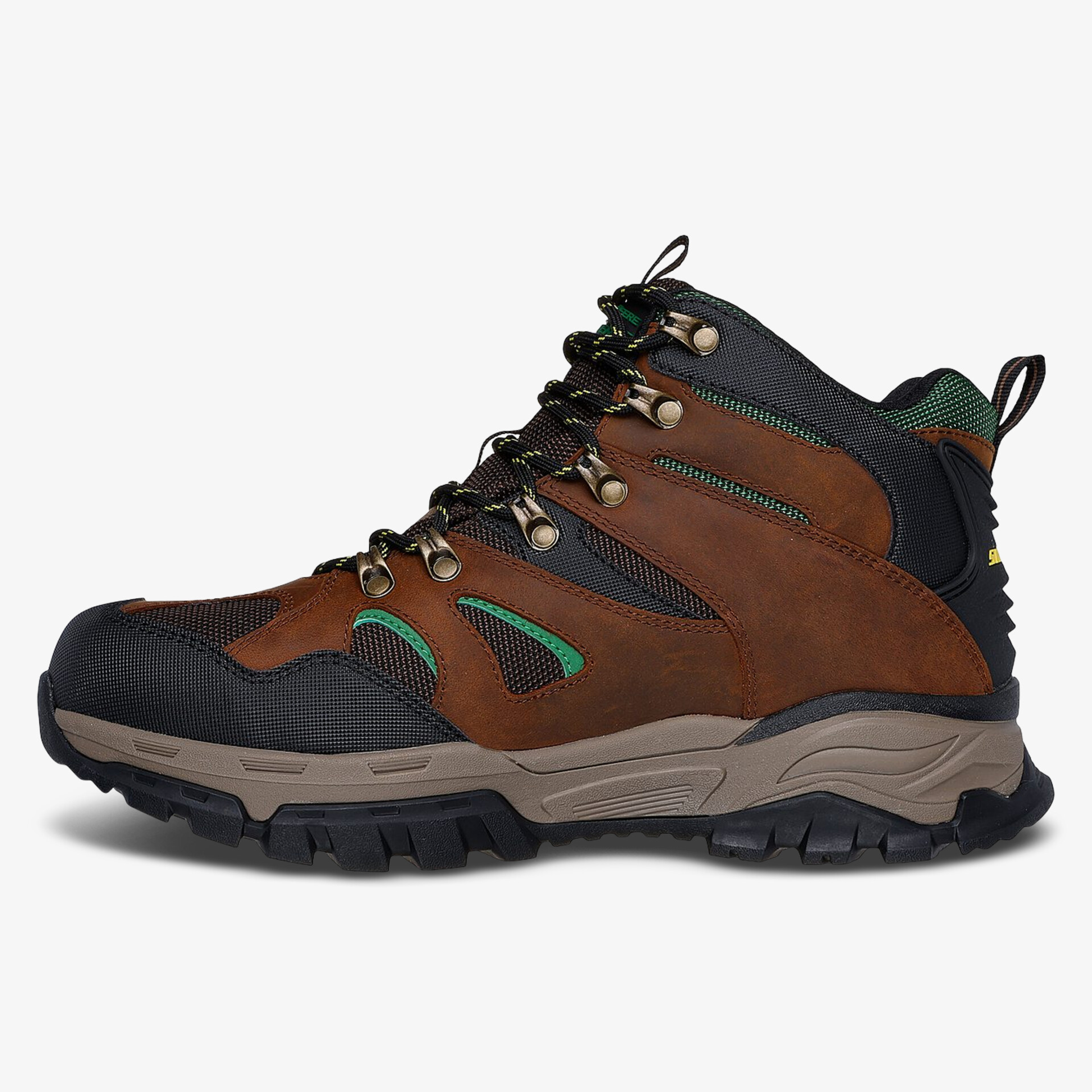 Robuster brauner Outdoor-Trekking-Schuh mit stabiler Schnürung und griffiger, profilierter Sohle seitlich