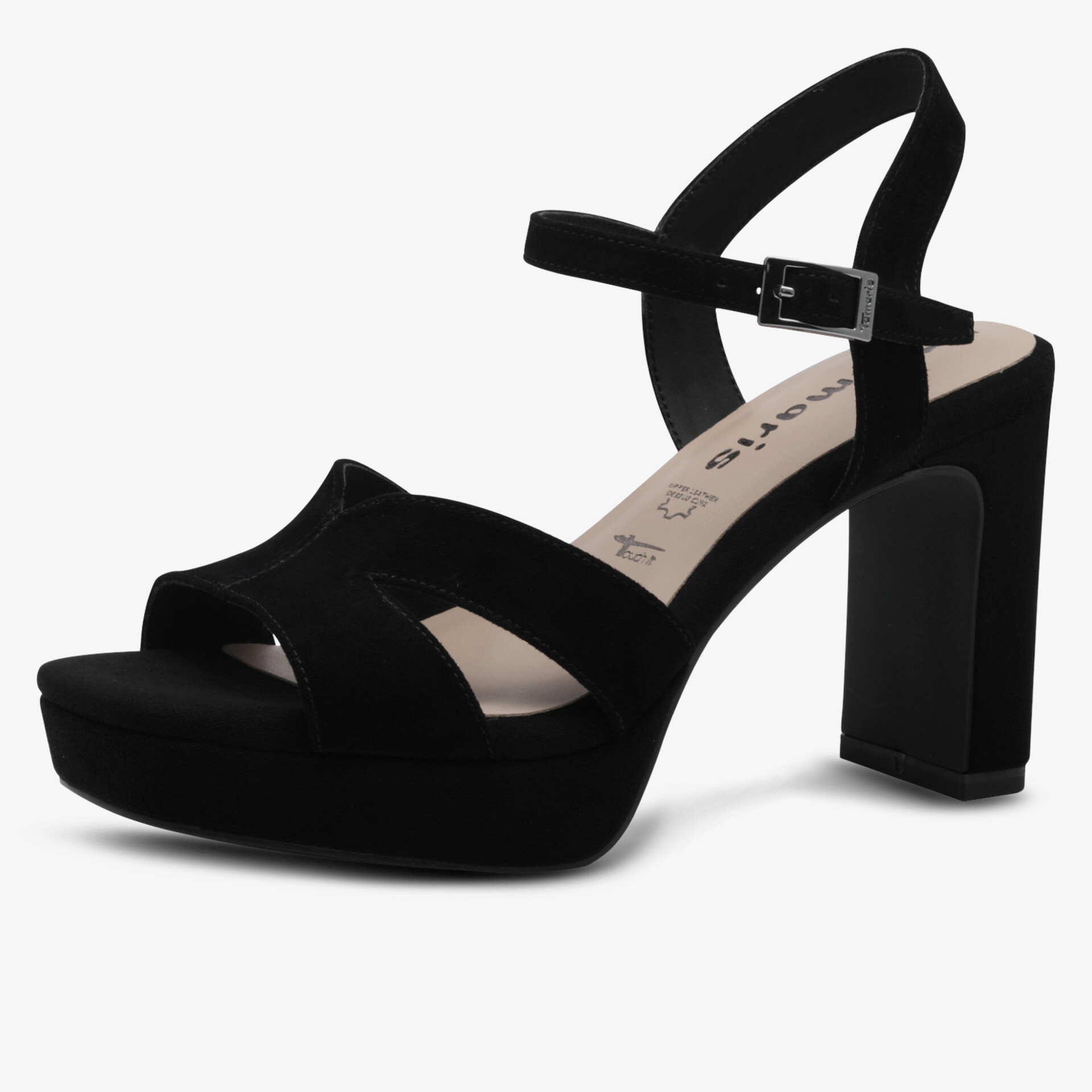 Schwarze Sandale mit Blockabsatz und Plateau, verstellbarer Knöchelriemen für sicheren Halt und hohen Tragekomfort