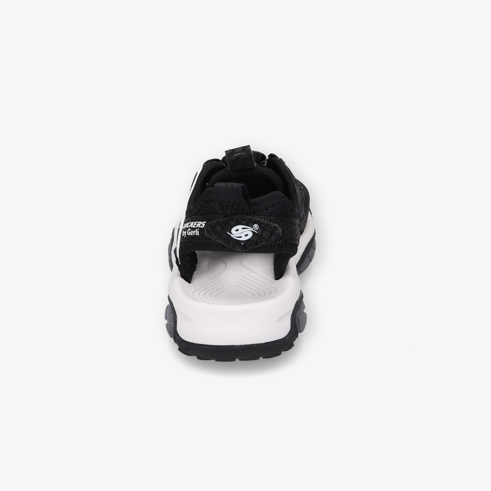 Sportlicher Schuh in weiß und schwarz, Rückansicht, verstellbarer Riemen für optimalen Halt