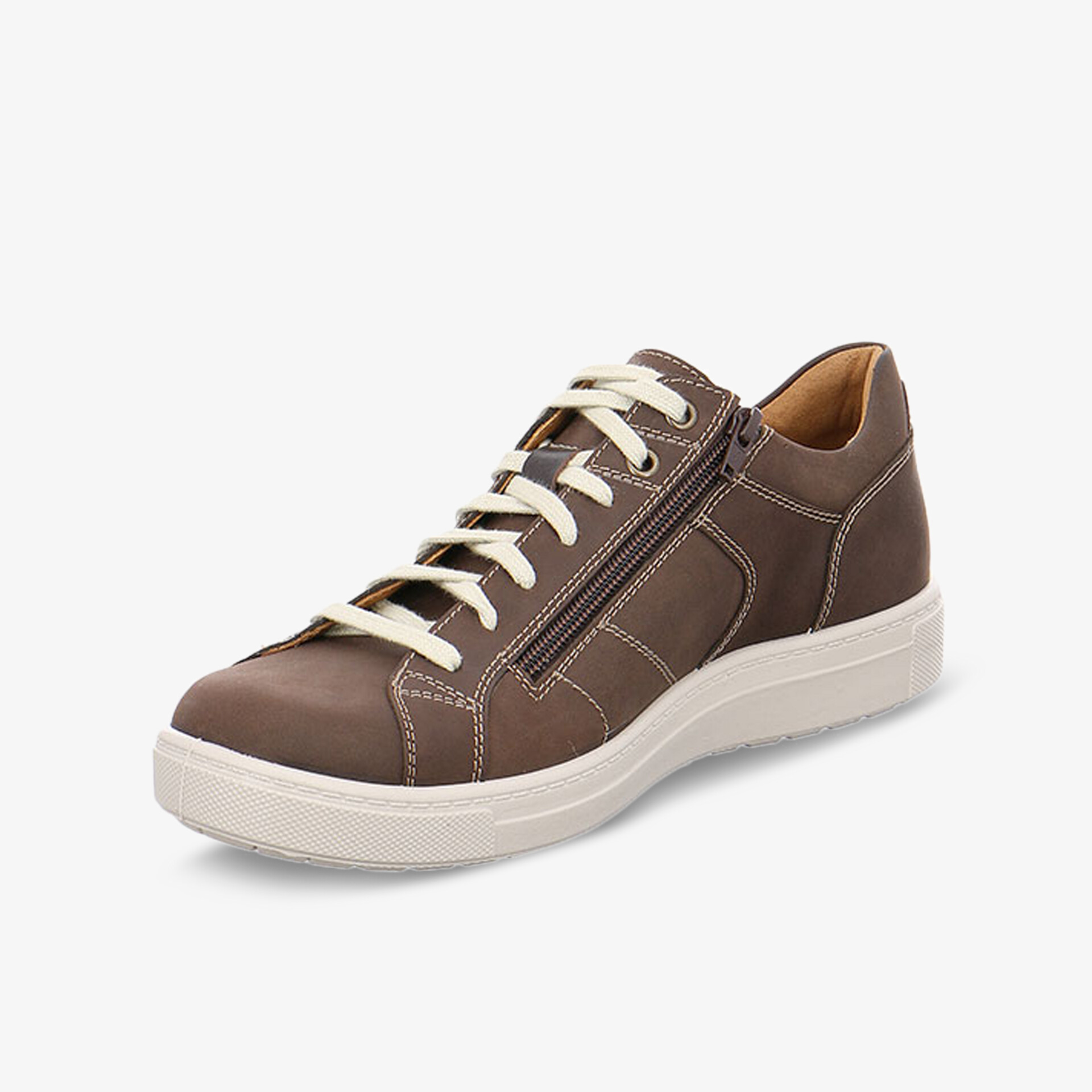 Moderner brauner Sneaker mit seitlichem Reißverschluss und komfortabler weißer Sohle.