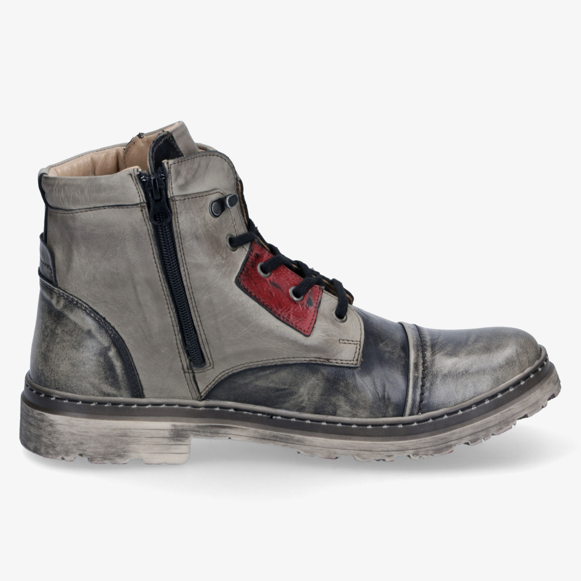 Robuster grauer Stiefel mit seitlichem Reißverschluss, Schnürsenkeln und profilierter Gummisohle