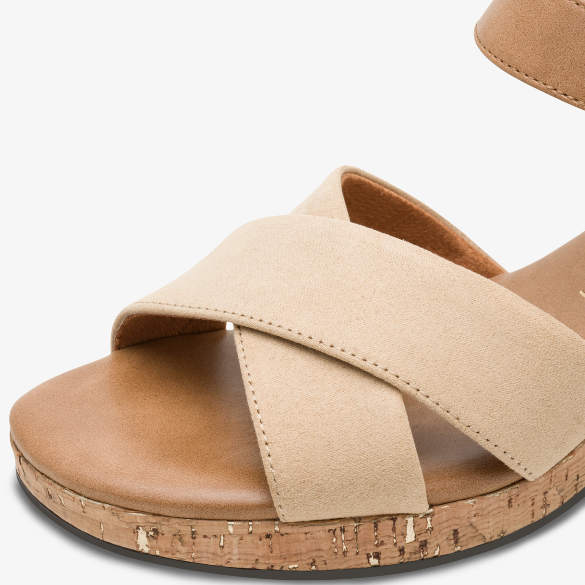 Bequeme Sandale mit weichem Obermaterial und Korkabsatz, rutschfeste Sohle für stabilen Halt