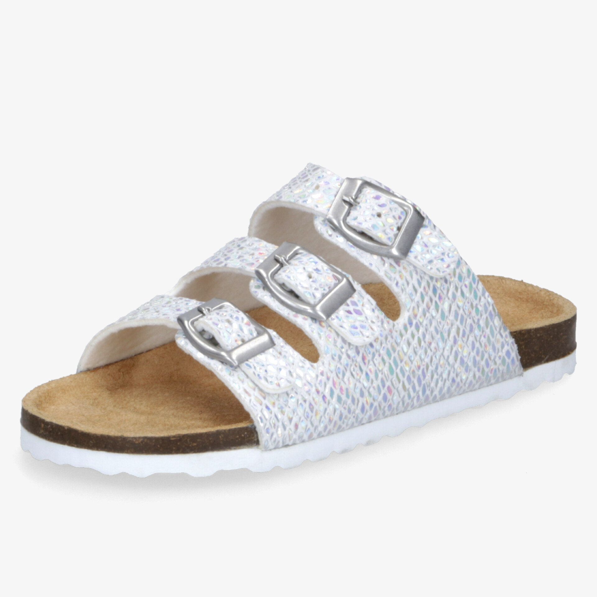 Bequemer weißer Dreiriemen-Schlappen mit verstellbaren Schnallen und weichem Fußbett für hohen Tragekomfort