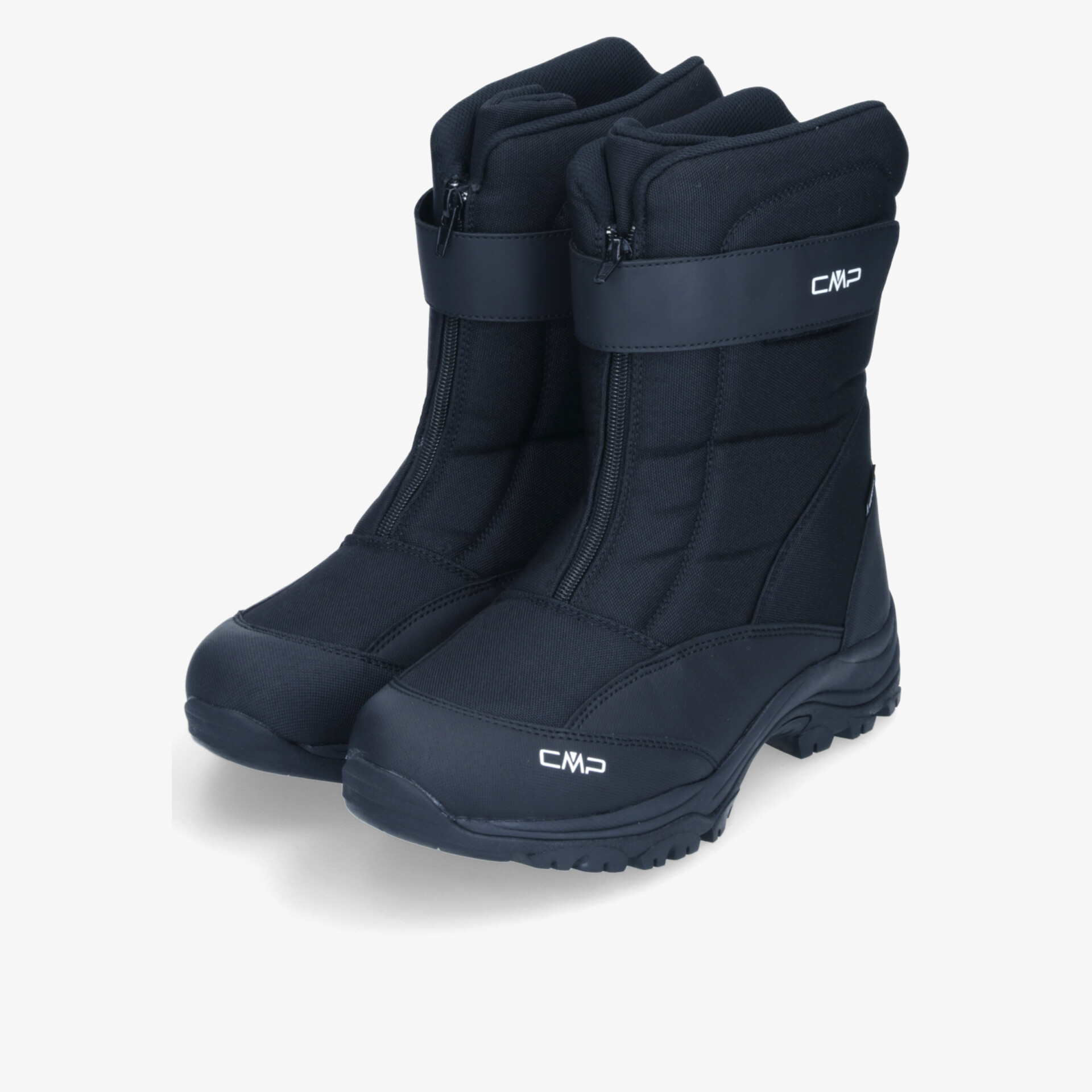 Schwarze Winterstiefel mit robuster, rutschfester Sohle und warmer, isolierender Polsterung als Paar