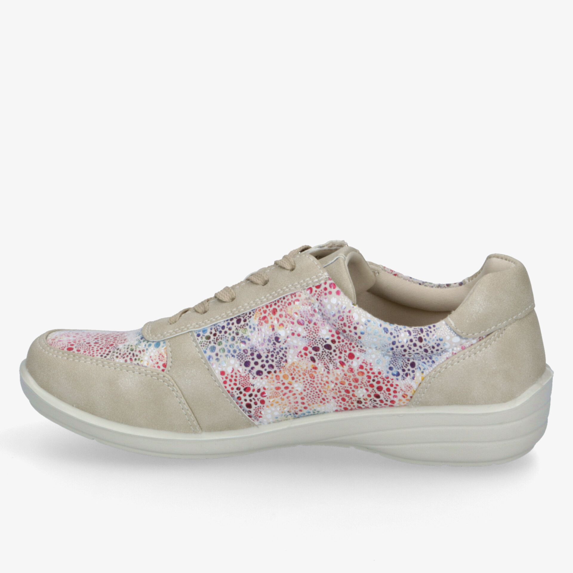 Moderner Schnürschuh mit floralem Muster und bequemer Sohle für flexiblen Tragekomfort.