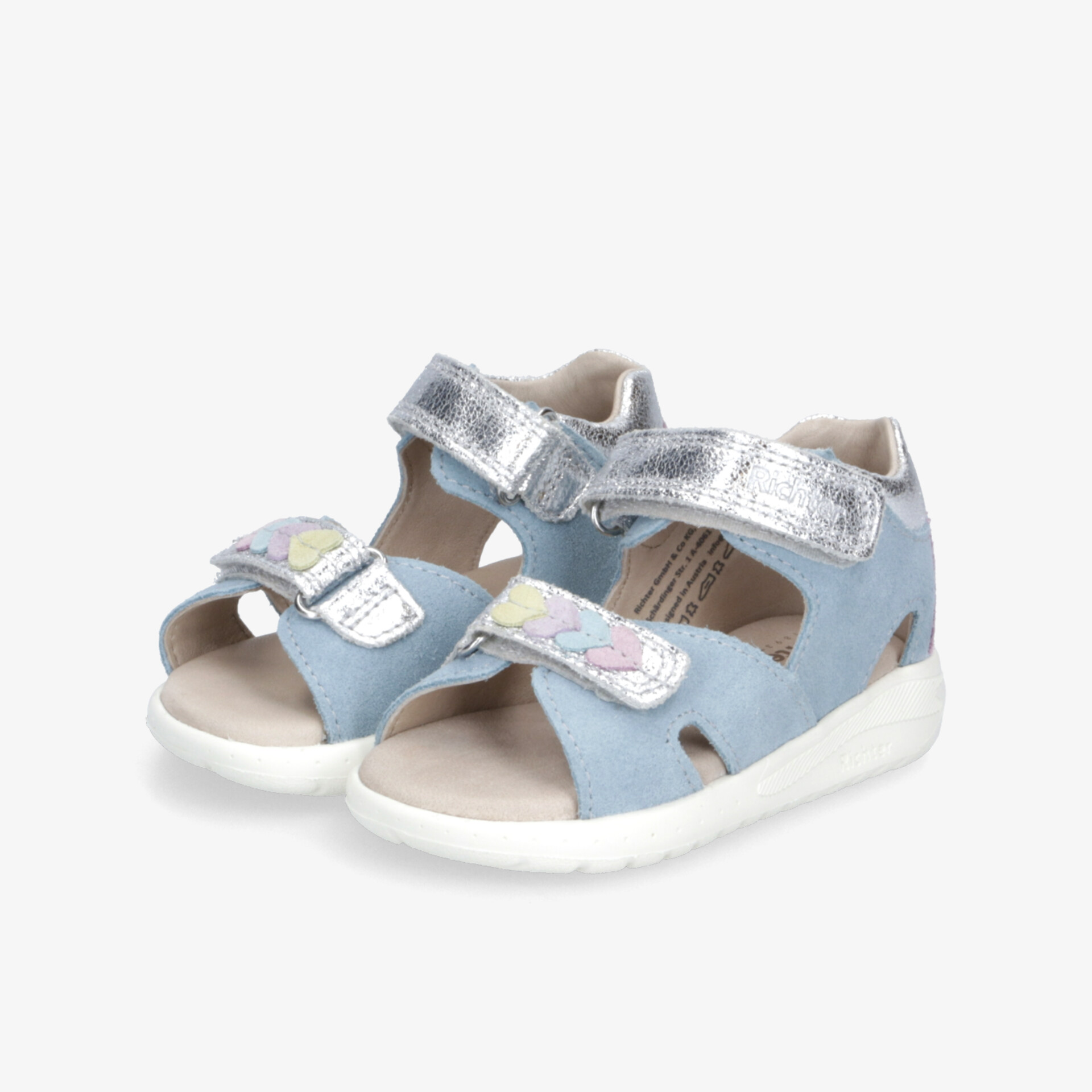 Leichte blaue Kinder-Sandalen mit weißer Sohle, verstellbaren Klettverschlüssen und offener Zehenpartie