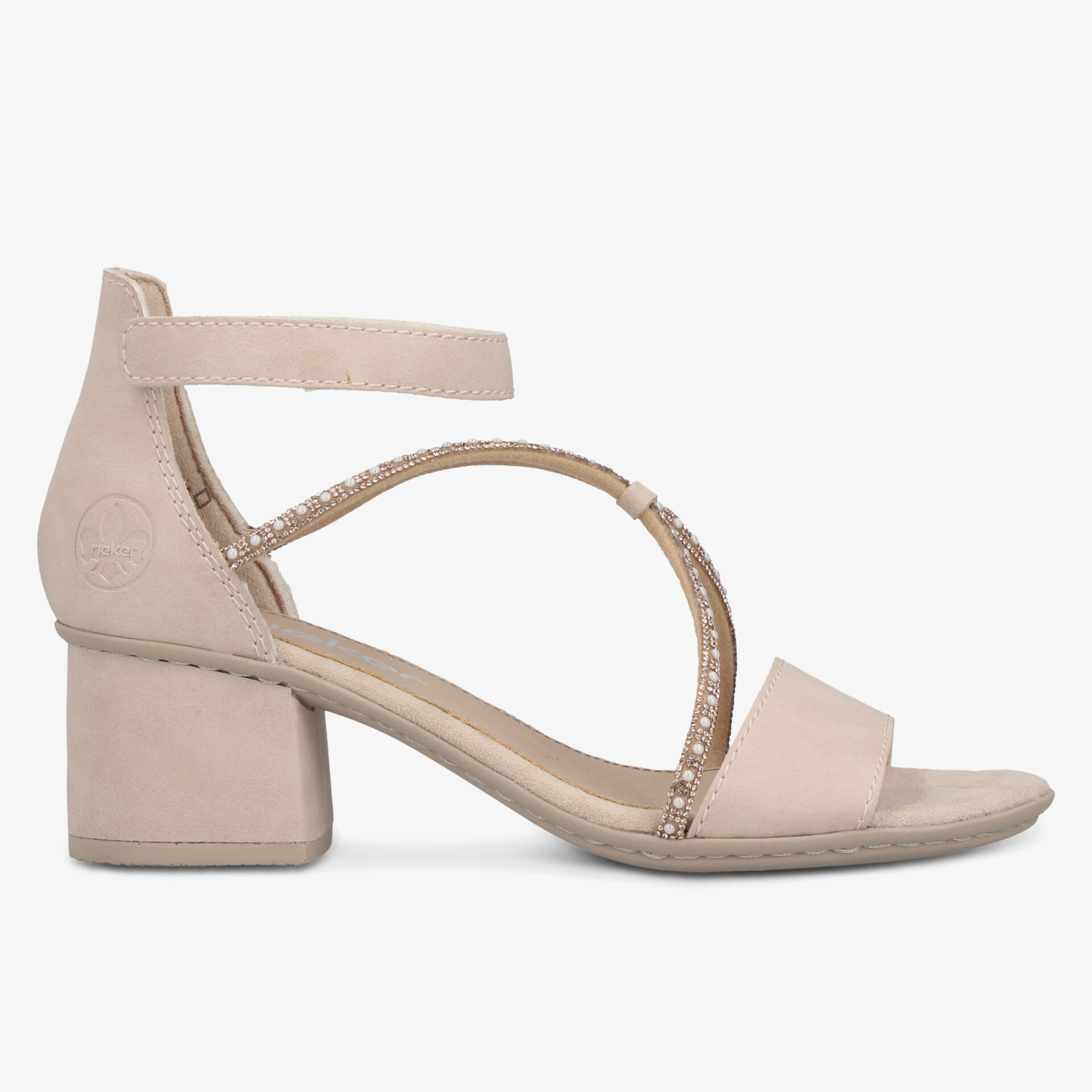 Sandale mit bequemem Blockabsatz und feinem Riemendesign in dezenter Farbe, seitliche Ansicht